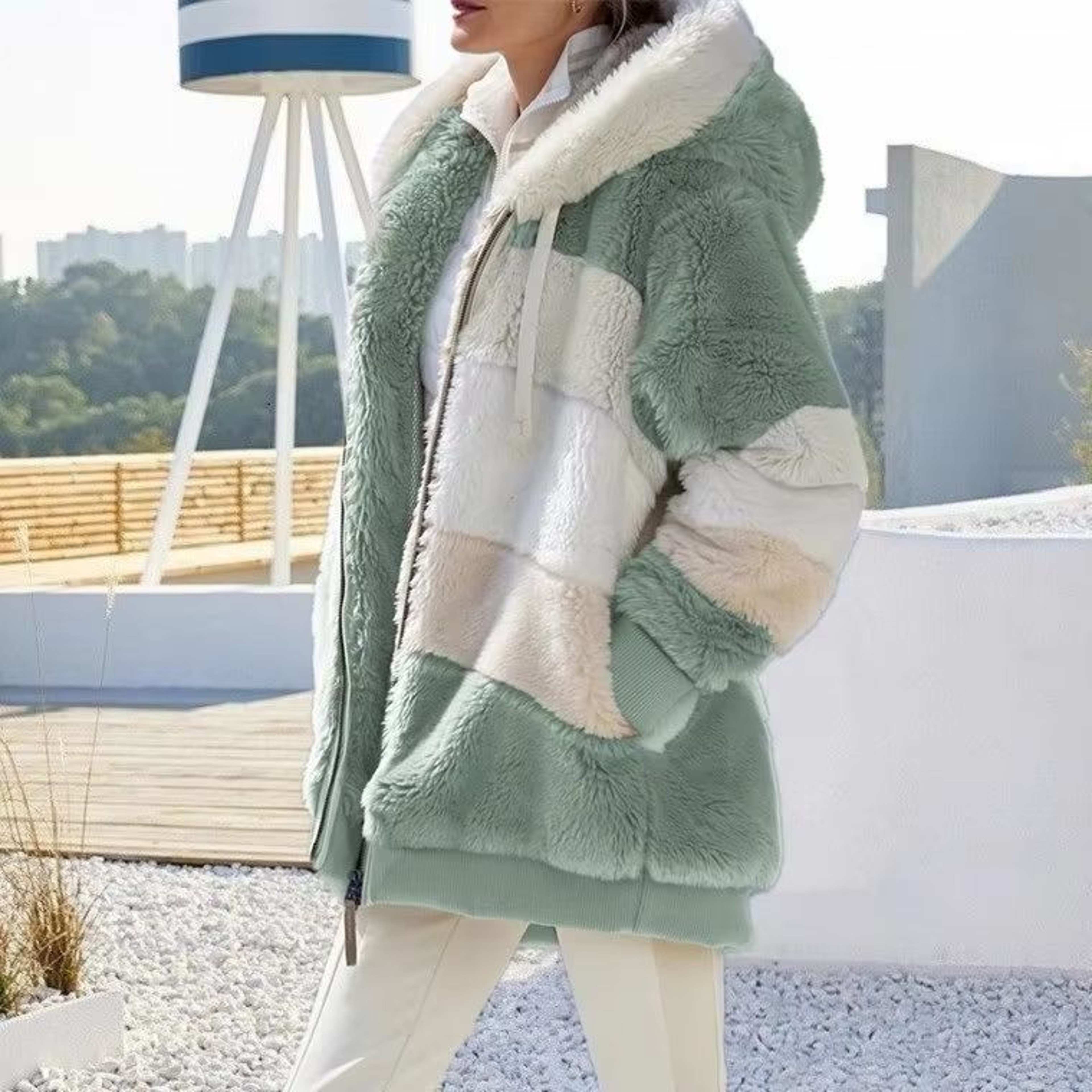 Womens Oversized Plush Hooded Zip Jacket With Pockets Cozy Winter Streetwear Coat 9