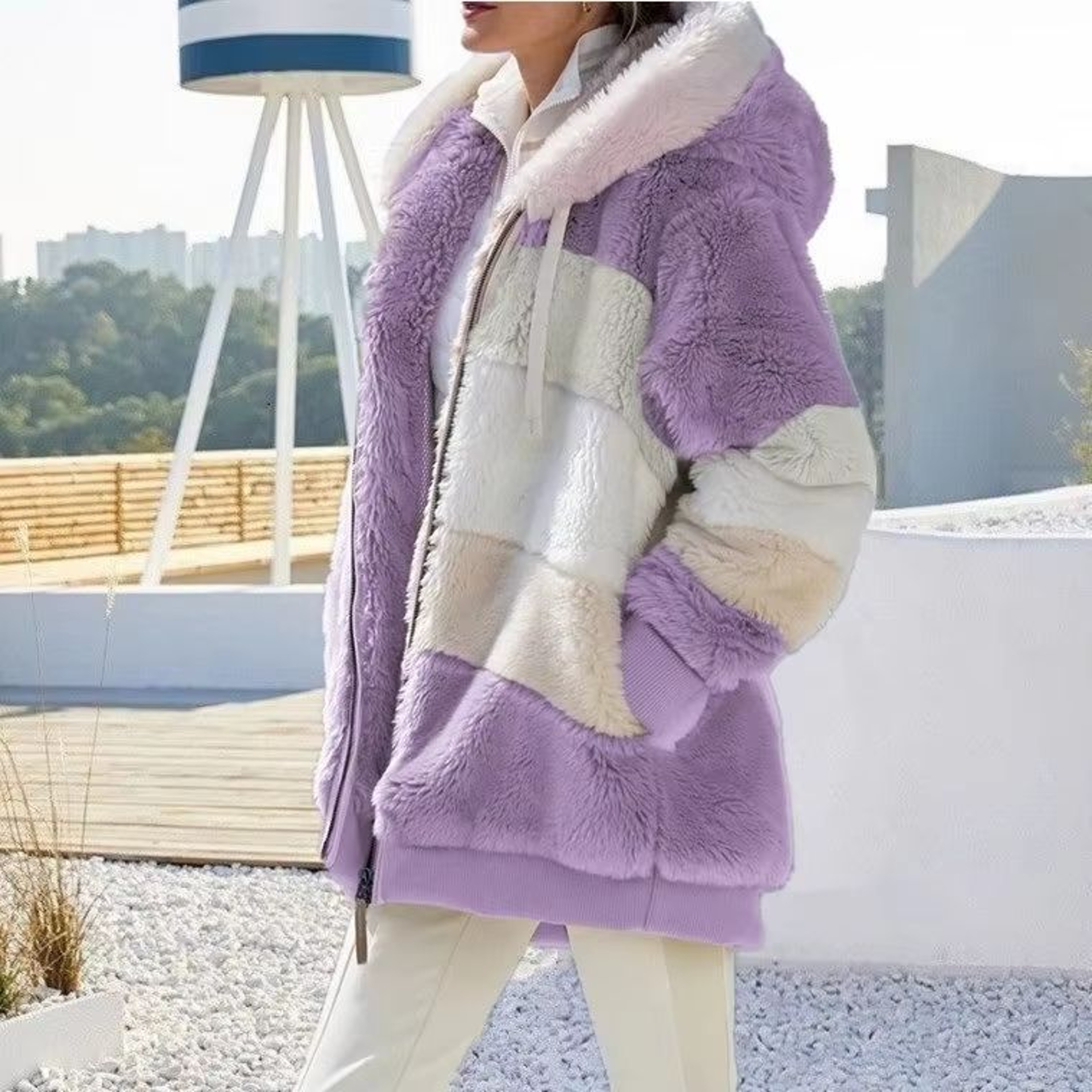 Womens Oversized Plush Hooded Zip Jacket With Pockets Cozy Winter Streetwear Coat 13