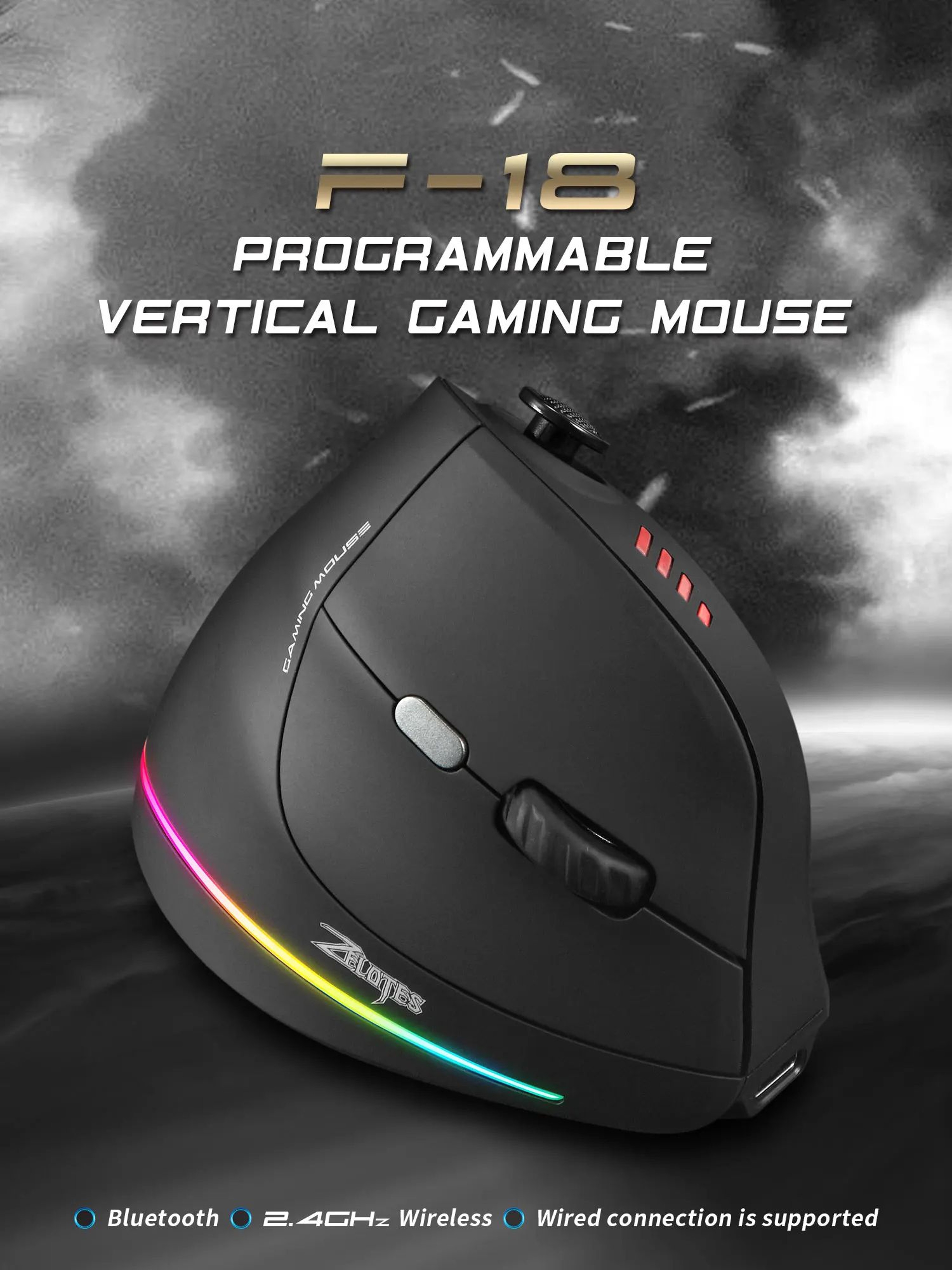 JOMAA RGB Wireless Vertical Gaming Mouse 24000 DPI Programmable Buttons Wired Or Wireless Control 1