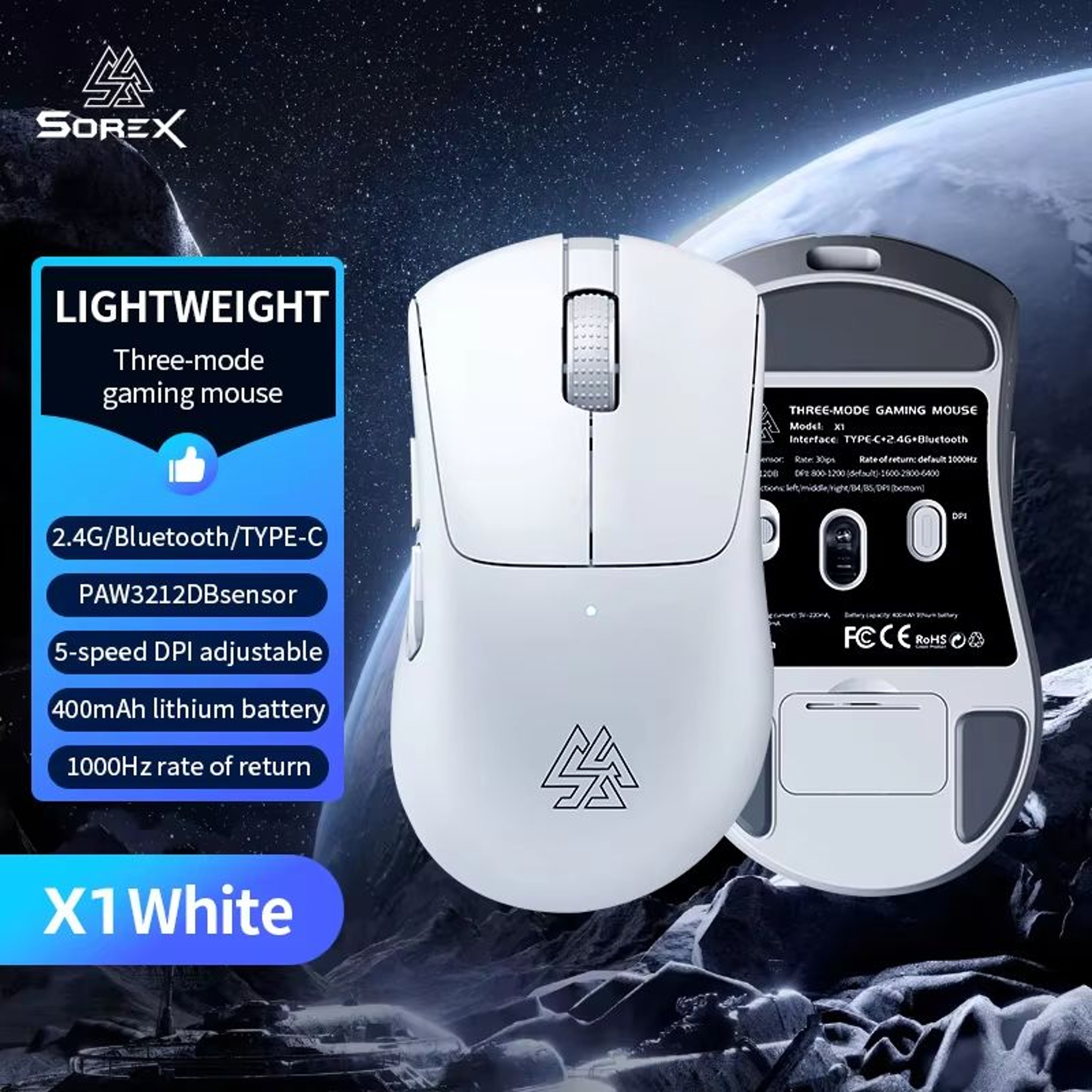 SOREX X1 Tri Mode Wireless Gaming Mouse Bluetooth 50 1000Hz Polling 6400 DPI Lightweight Control 7