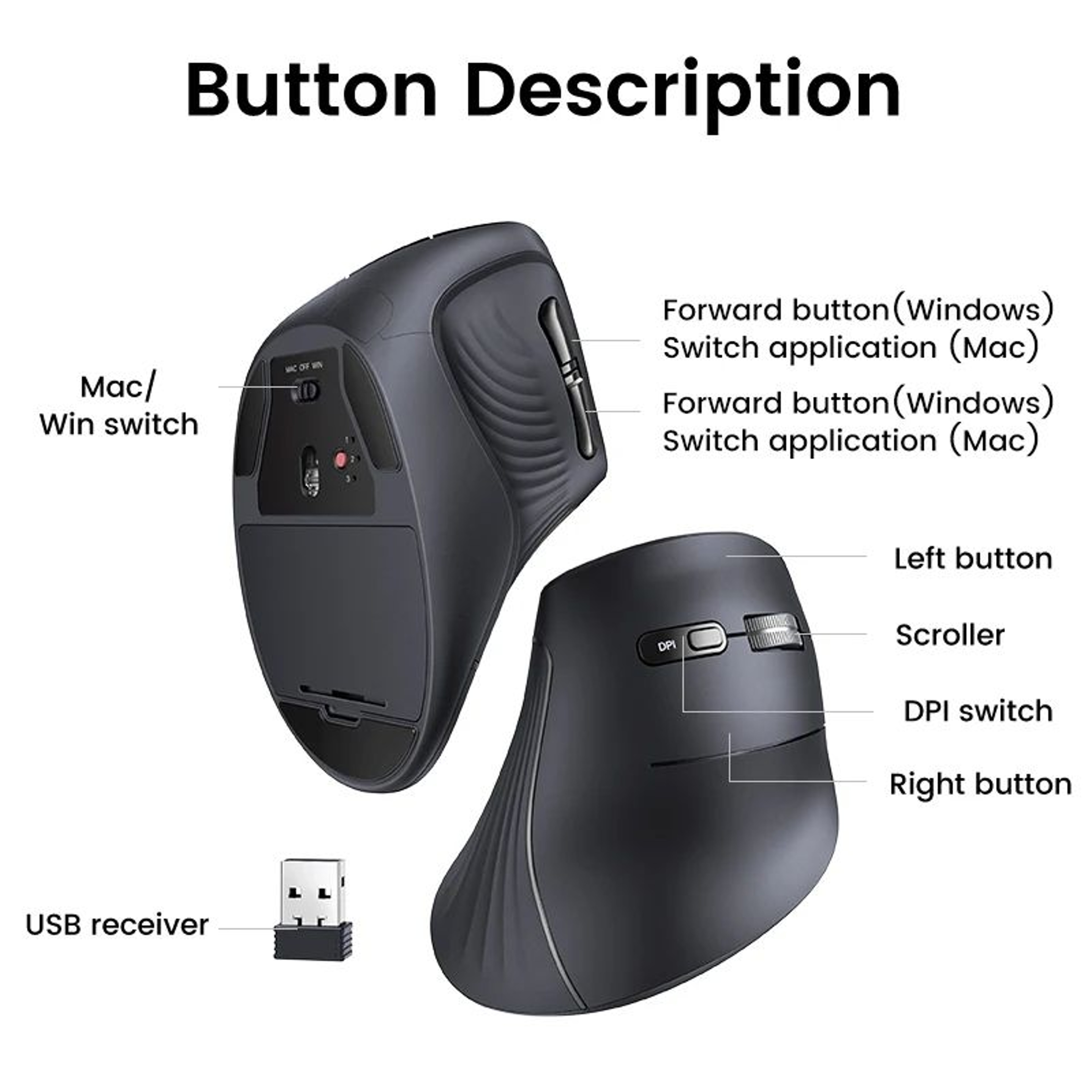 UGREEN Wireless Vertical Mouse With Bluetooth 50 And 24G 4000 DPI 6 Silent Buttons For MacBook And  5