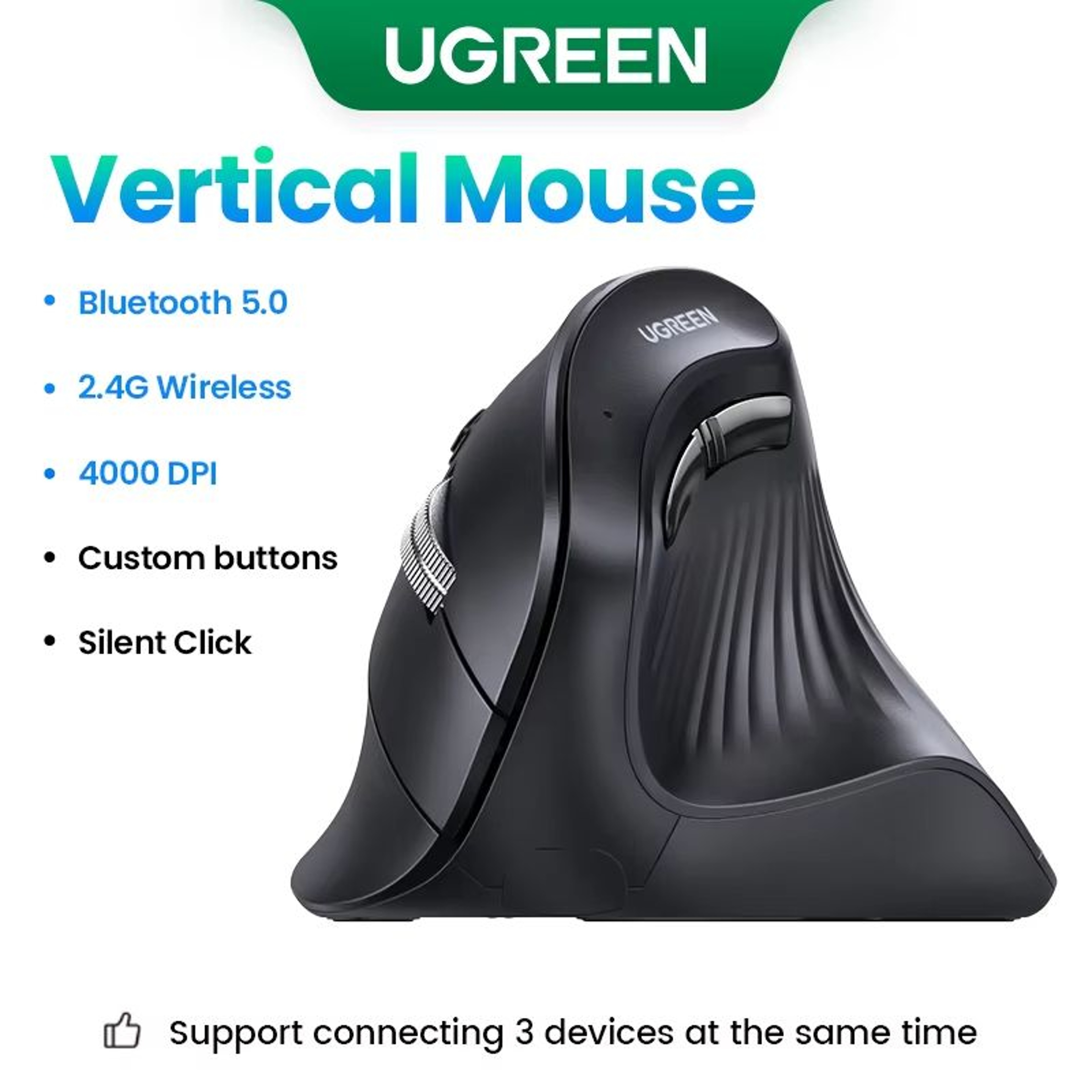 UGREEN Wireless Vertical Mouse With Bluetooth 50 And 24G 4000 DPI 6 Silent Buttons For MacBook And  6