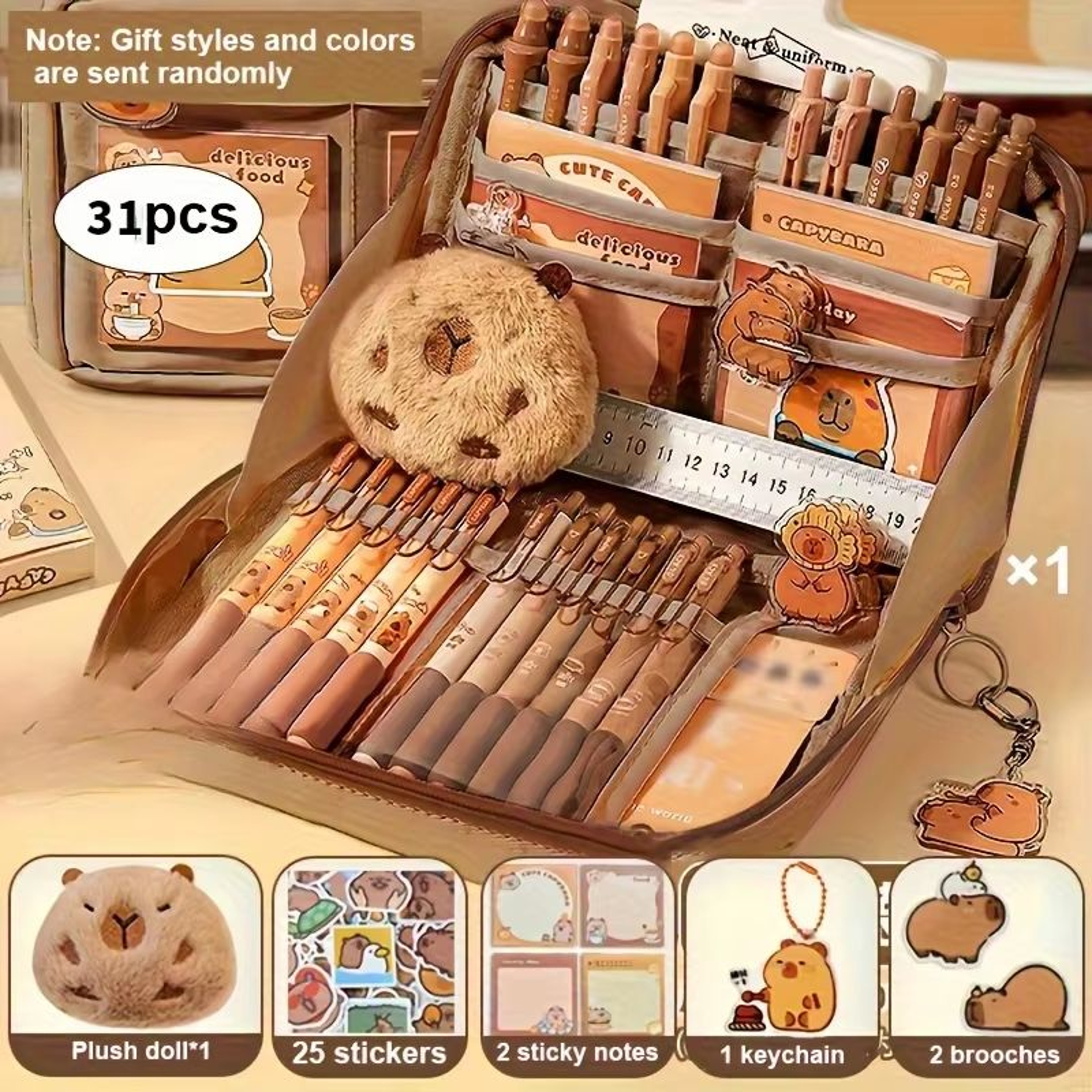 31pcs Cute Capybara Stationery Set With MultiLayer Pencil Case School Supplies Gift Kit 0