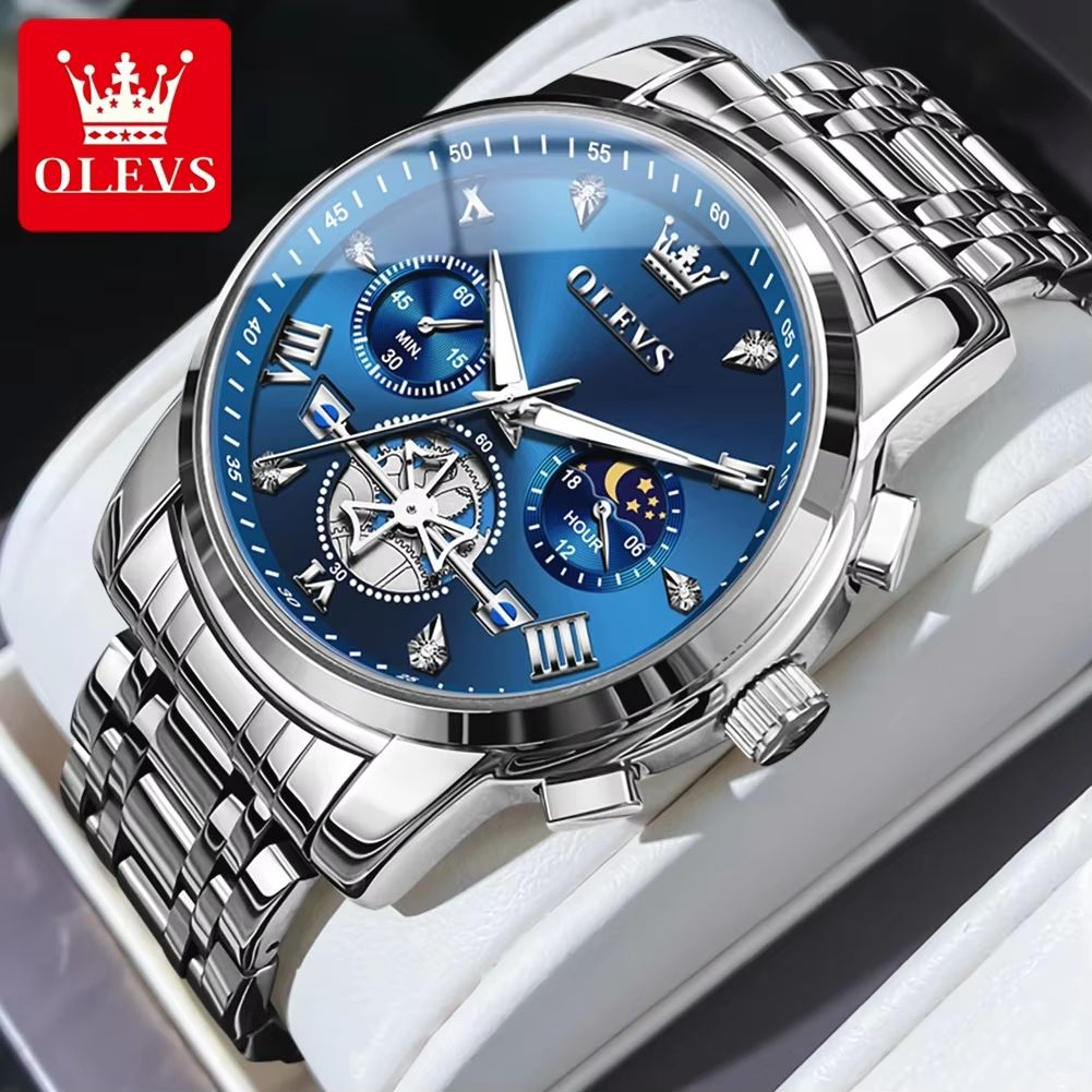 OLEVS Luxury Chronograph Moon Phase Watch Multifunction Quartz Waterproof Business Wristwatch For M 6
