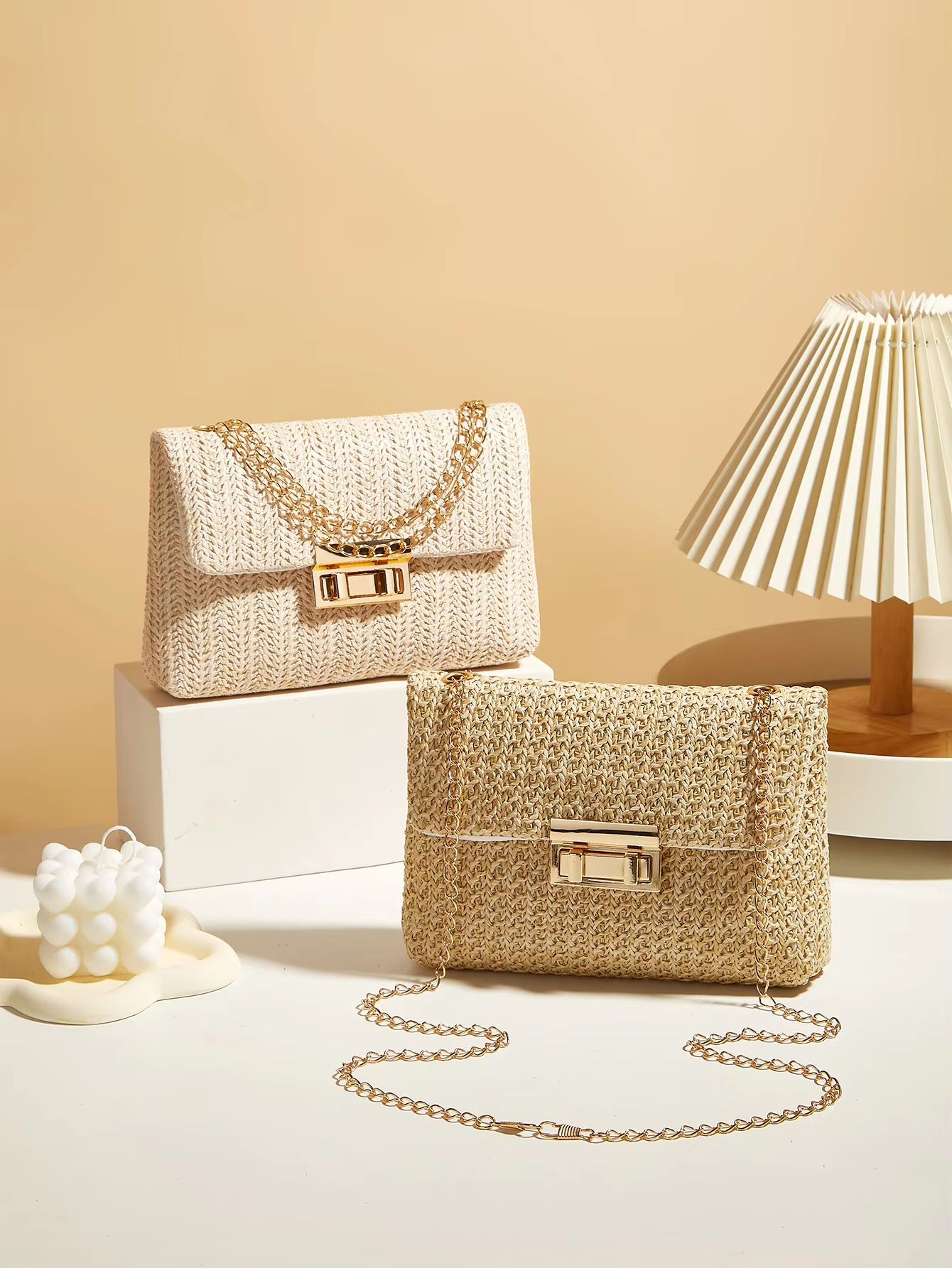 Korean Style Woven Straw Crossbody Bag With Lock Closure 3