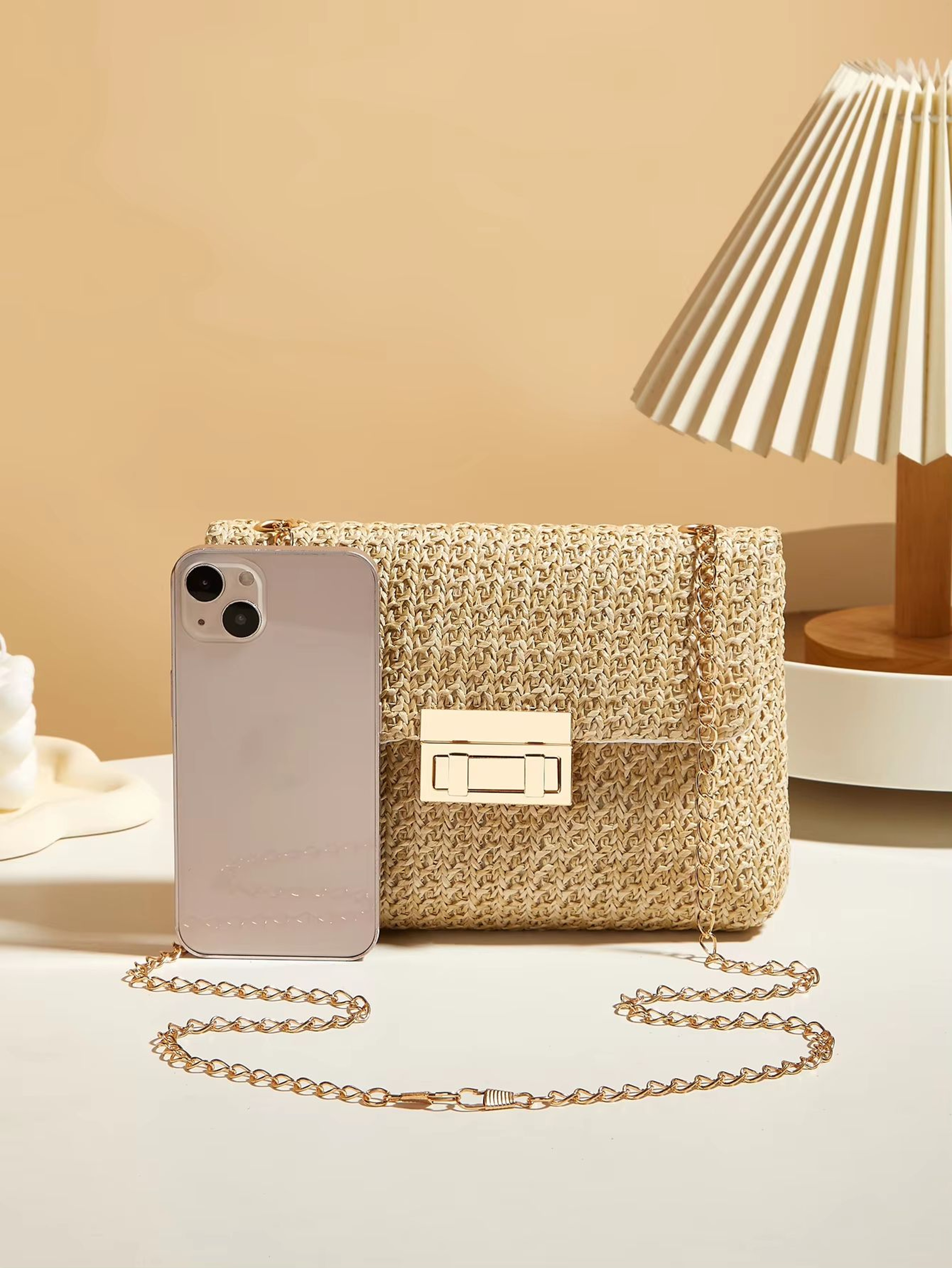 Korean Style Woven Straw Crossbody Bag With Lock Closure 4