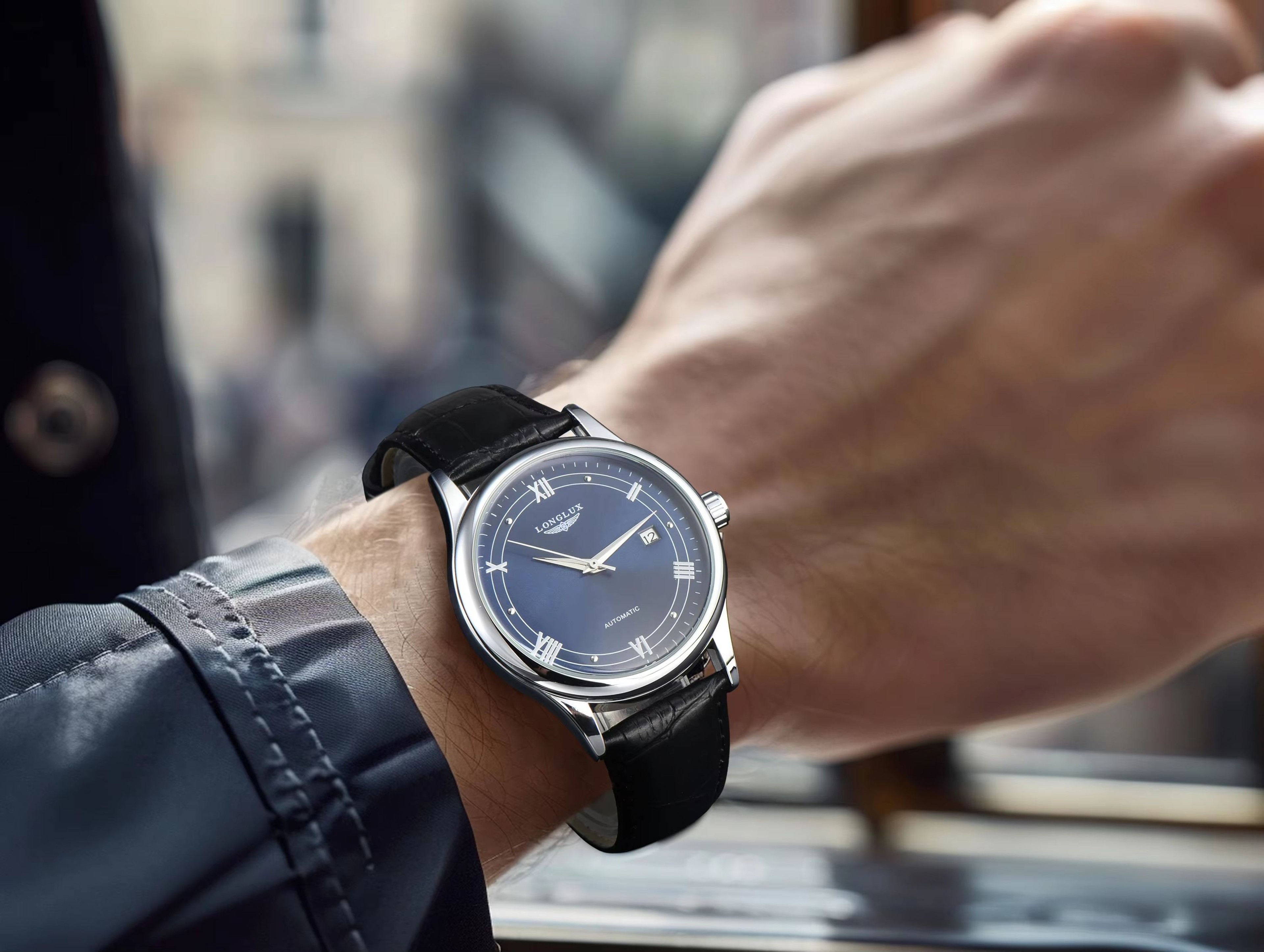 LONGLUX Automatic Mechanical Mens Watch Classic Leather Strap Watch With Date Display 2