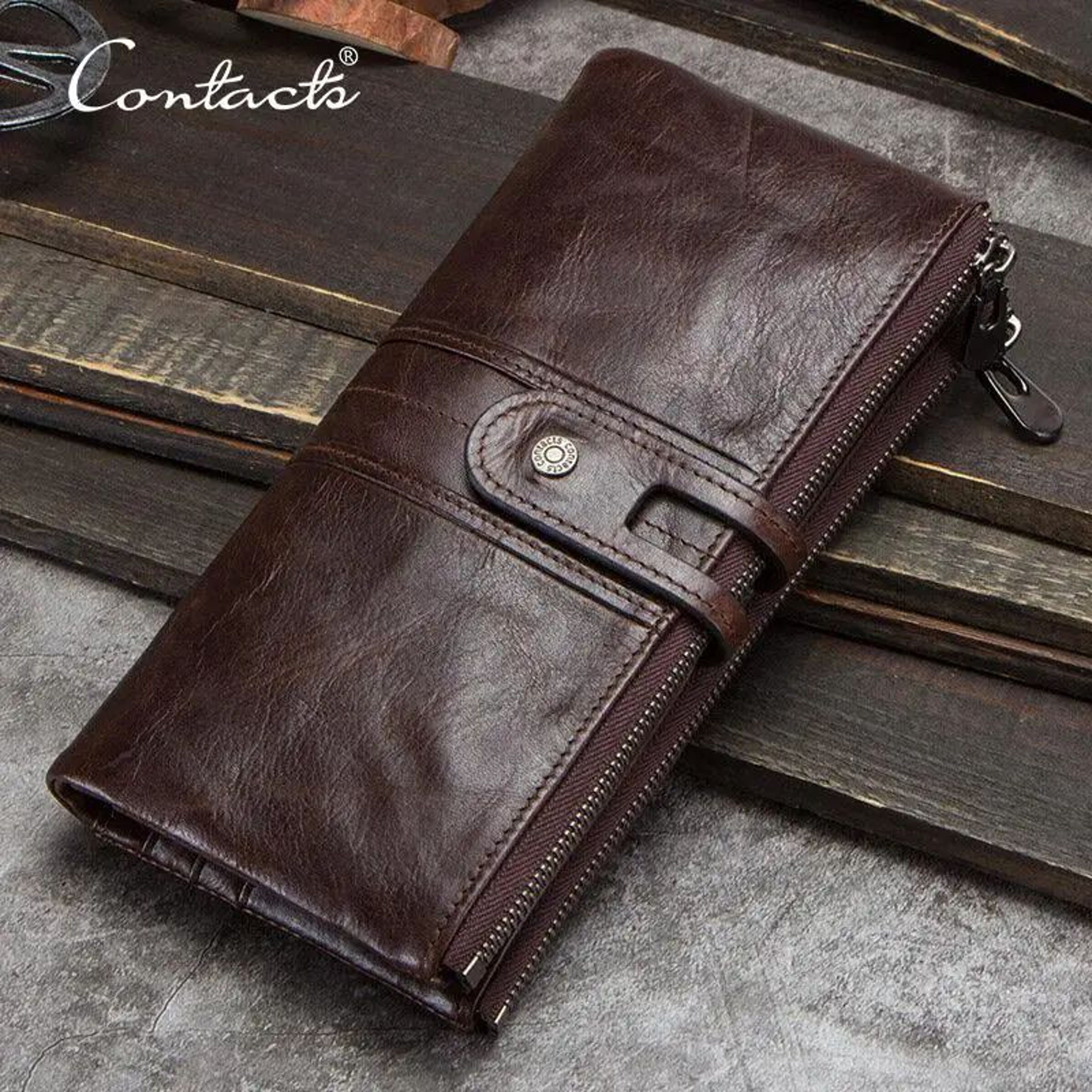 CONTACTS Genuine Leather Men Clutch Wallet With Zipper Coin Pocket 0