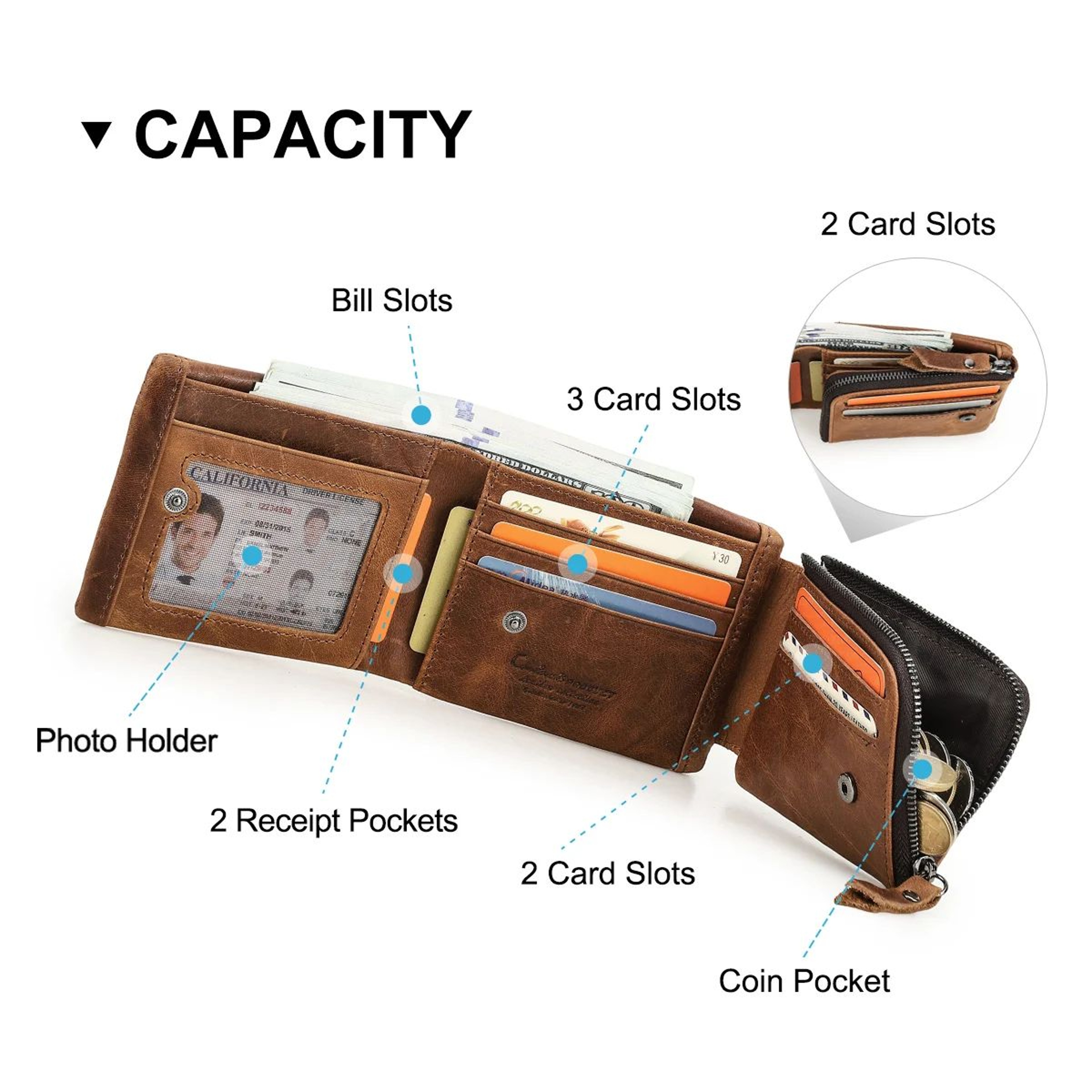 CONTACTS Crazy Horse Leather Vintage Trifold Wallet With Zip Coin Pocket 4