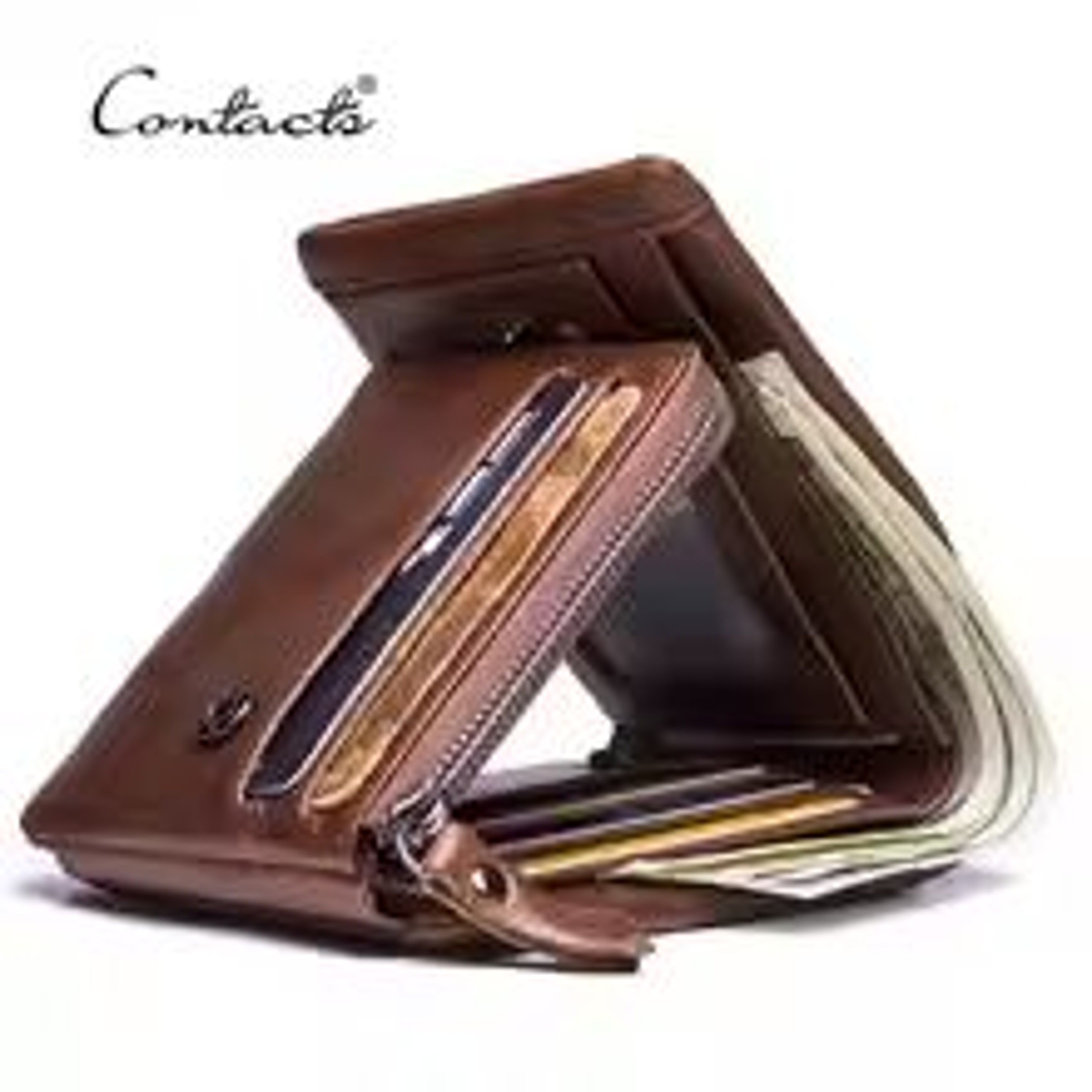 CONTACTS Crazy Horse Leather Vintage Trifold Wallet With Zip Coin Pocket 6