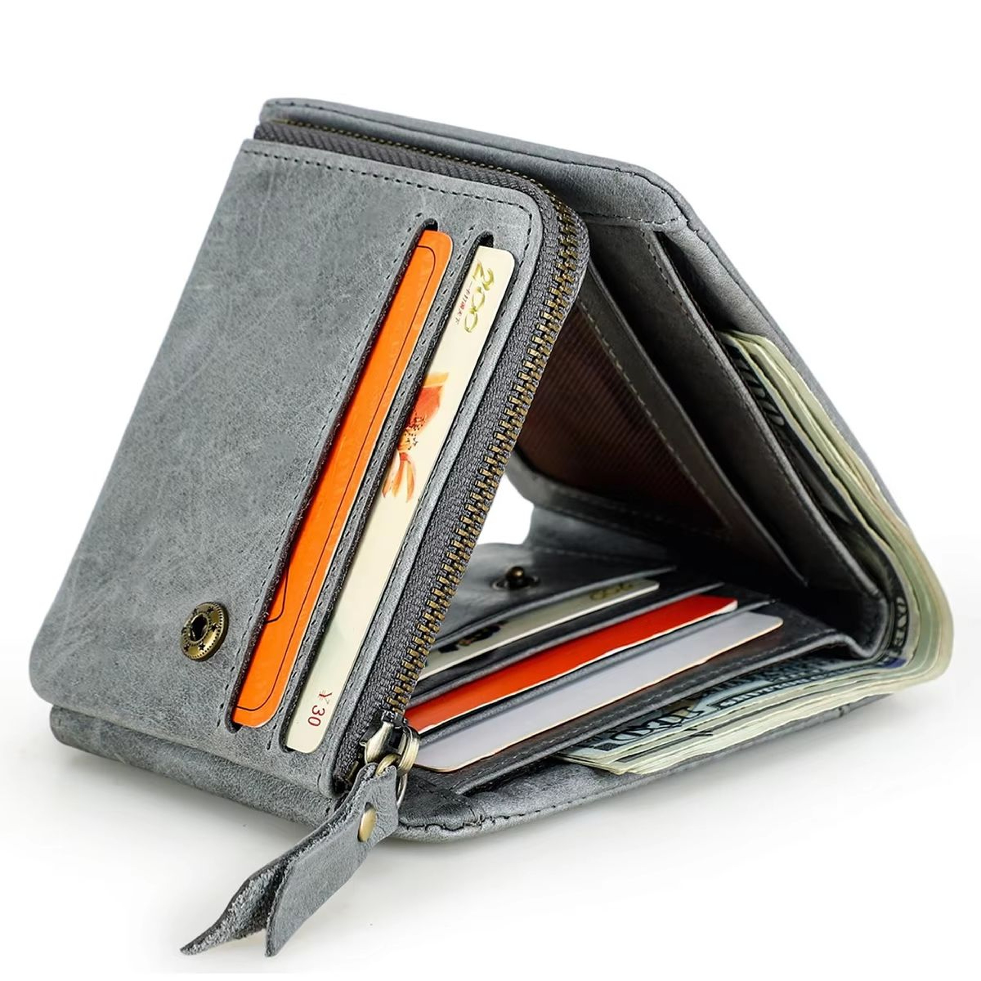 CONTACTS Crazy Horse Leather Vintage Trifold Wallet With Zip Coin Pocket 7