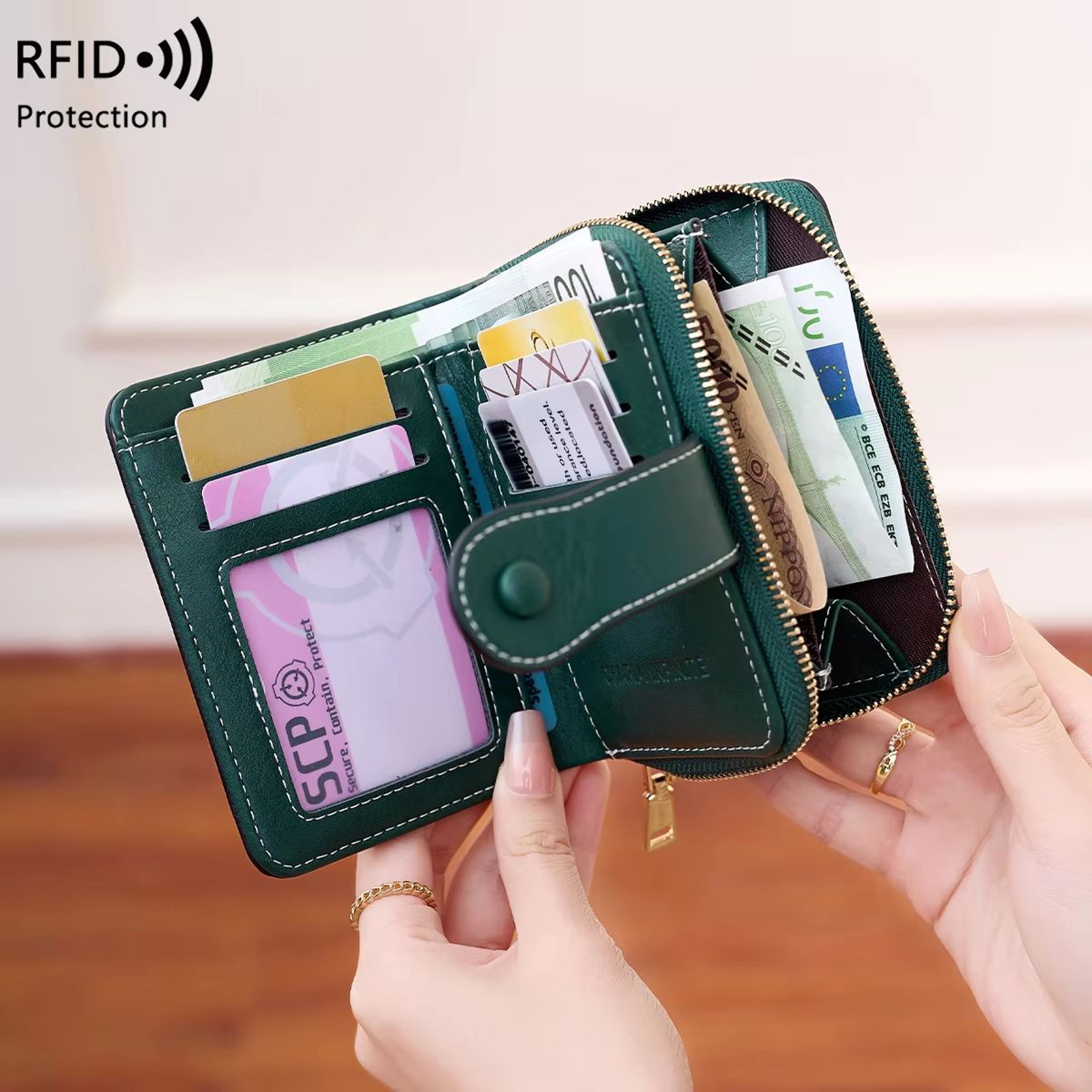 Retro RFID Blocking Womens Multi Card Wallet With Zipper Coin Pocket 3