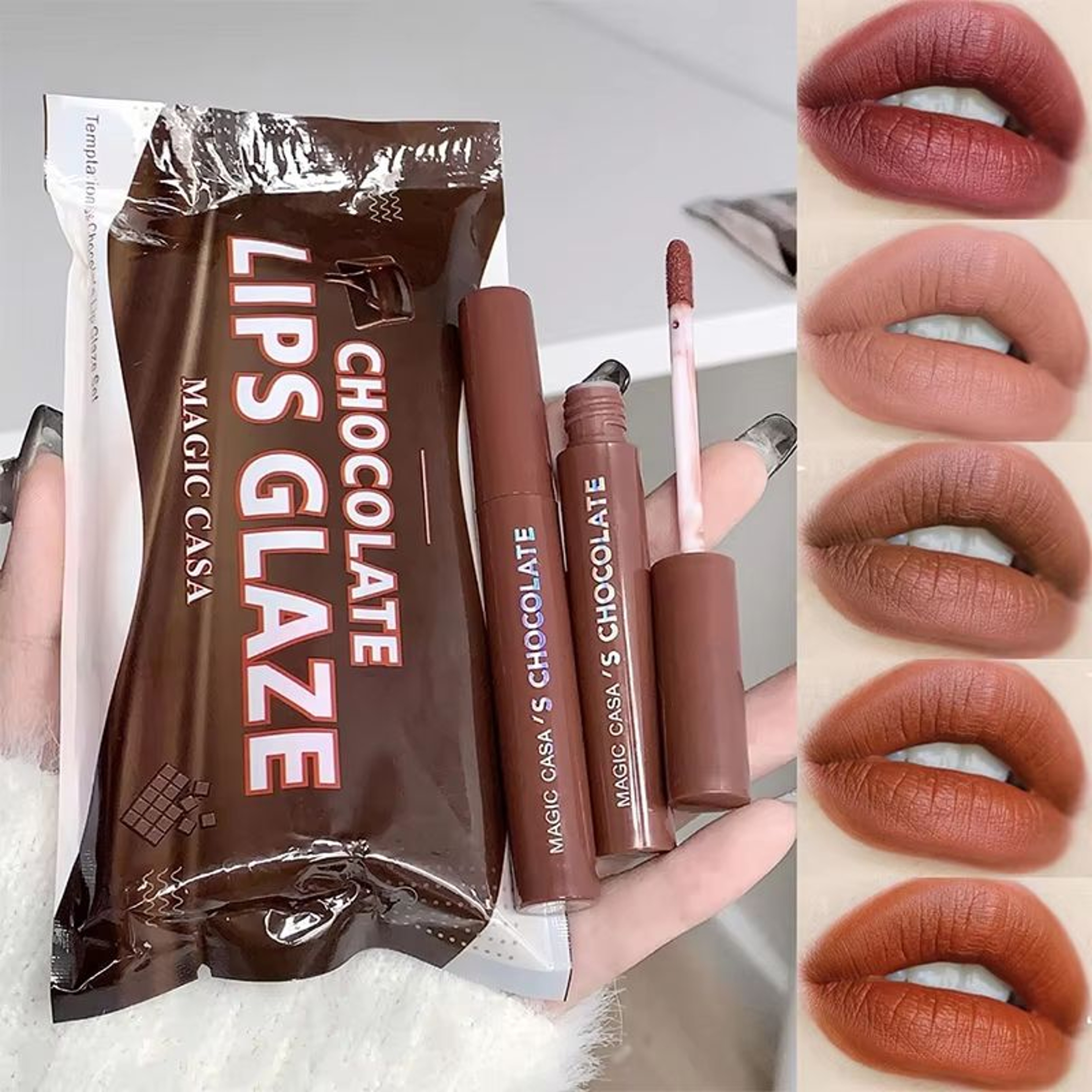 Chocolate Lip Glaze Set 5 Shade Matte Lipstick Set Long Lasting Velvet Lip Color 6
