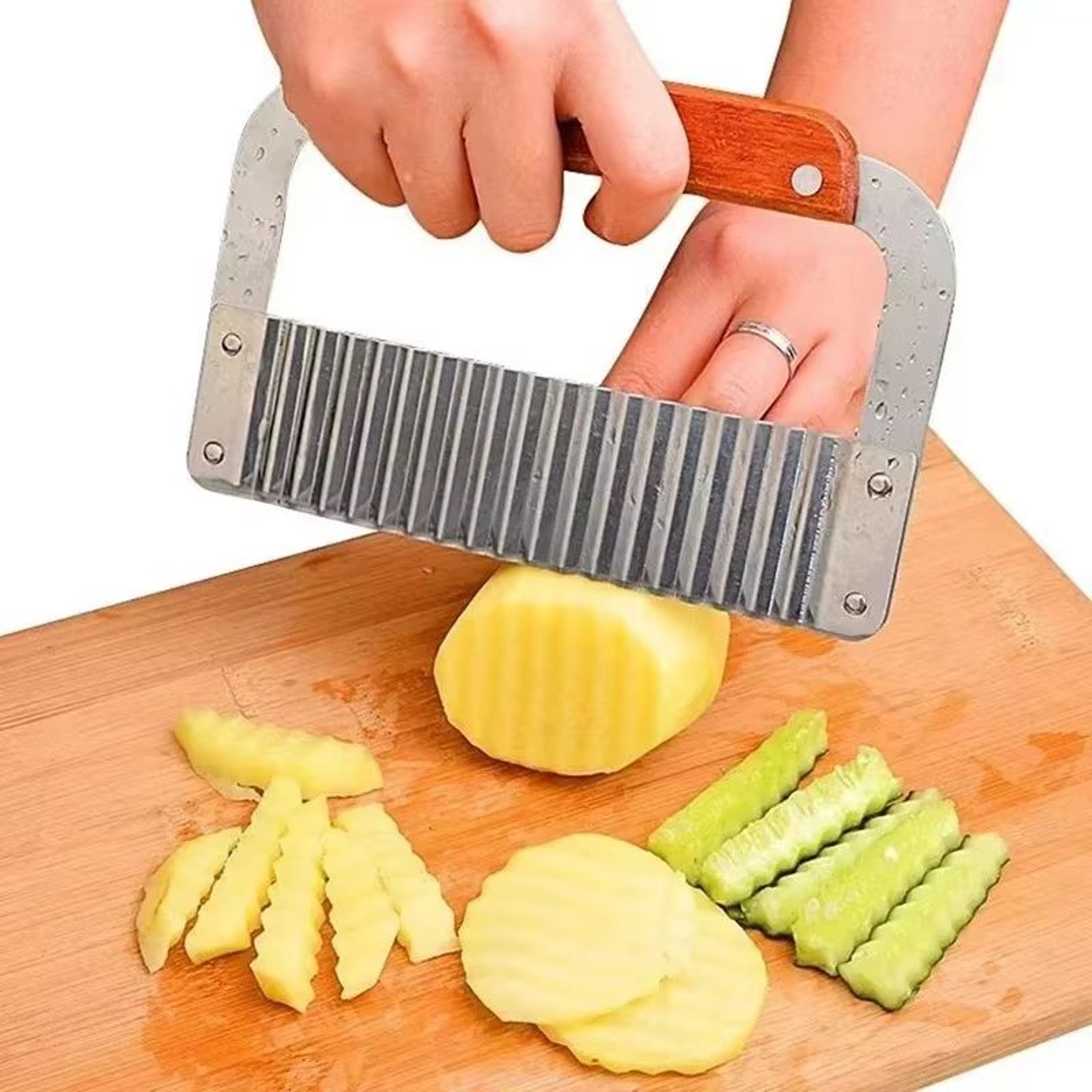 Stainless Steel Crinkle Cutter Knife With Wooden Handle For Wavy Potato Chips 0