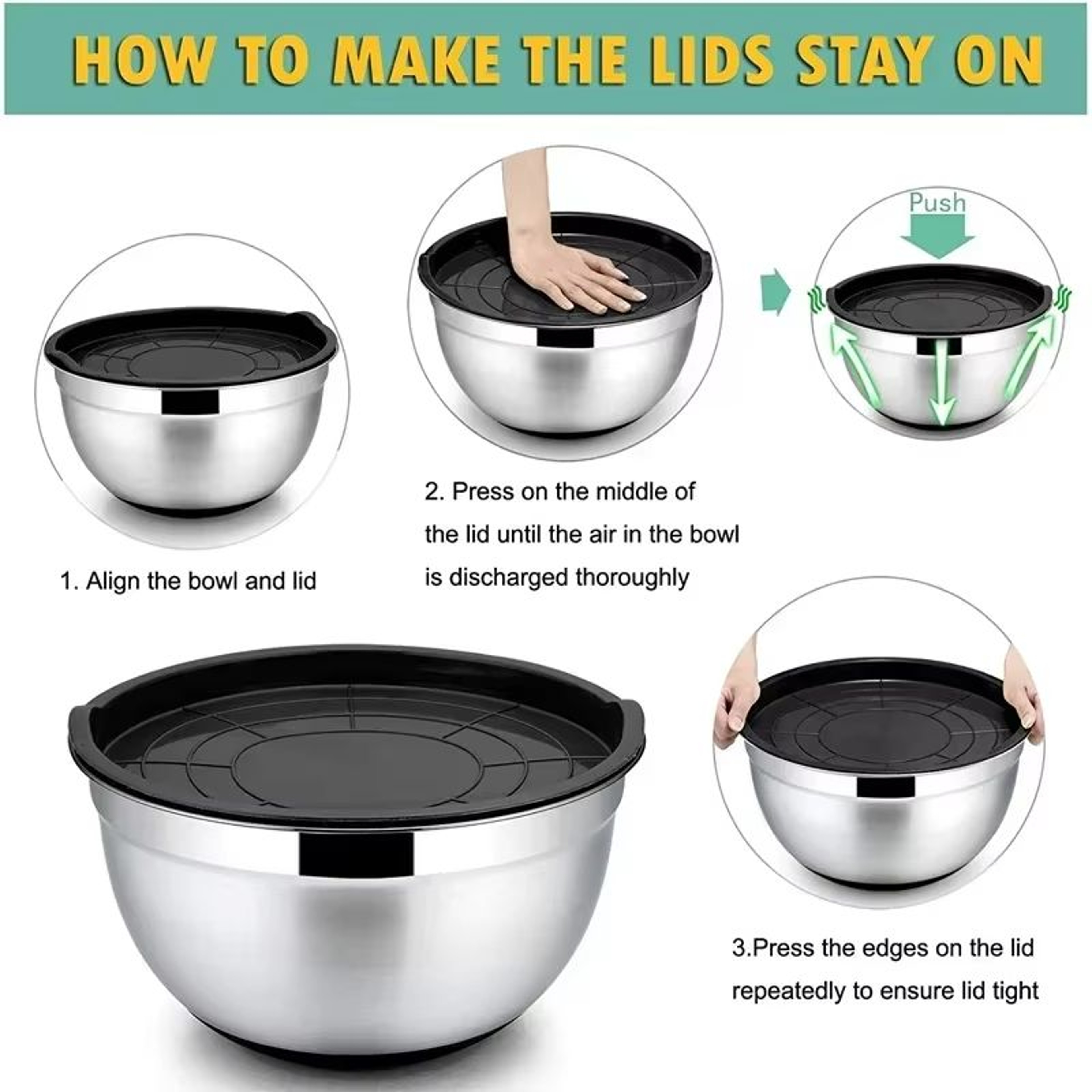 Stainless Steel Mixing Bowl With Silicone Base And Lid For Baking And Cooking 4