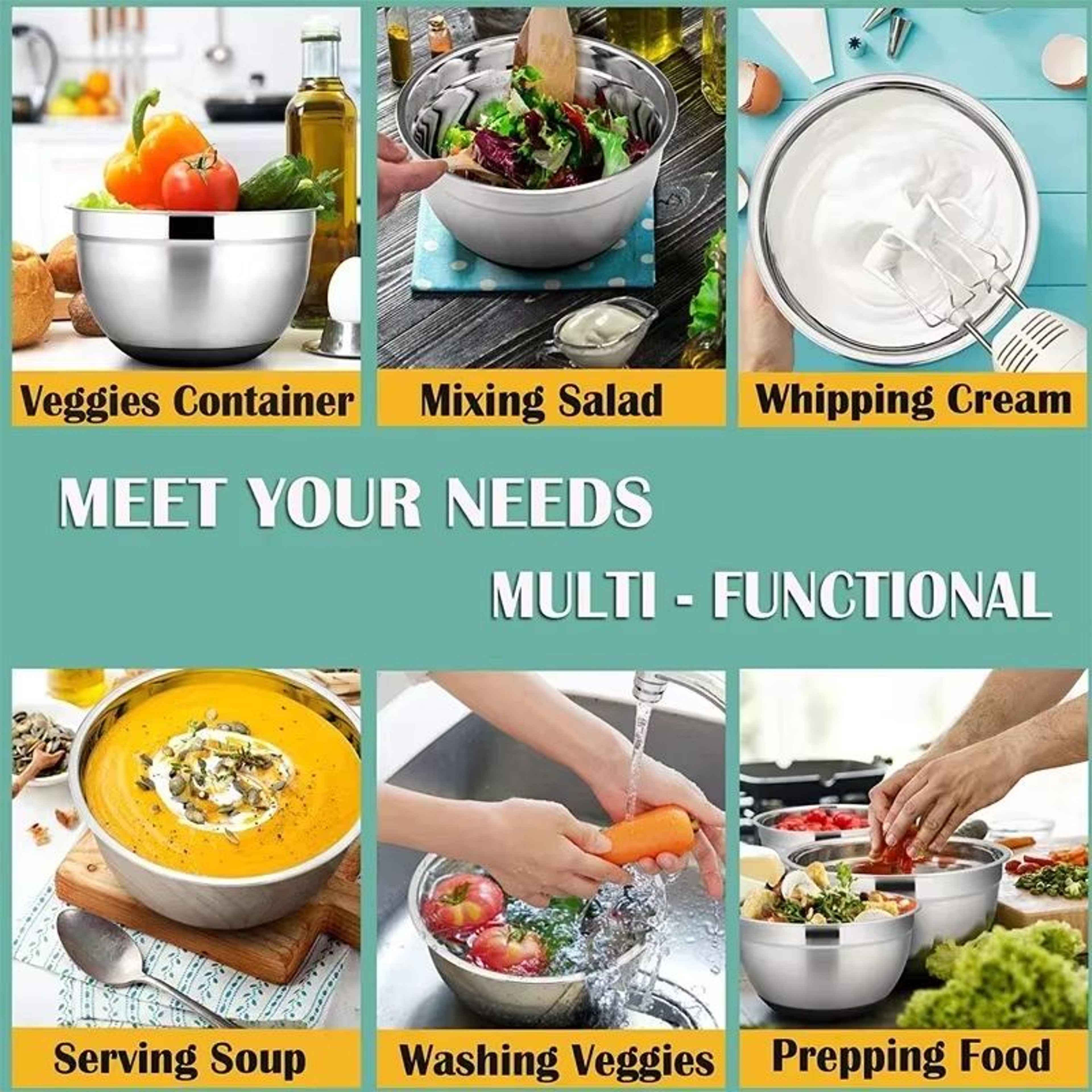 Stainless Steel Mixing Bowl With Silicone Base And Lid For Baking And Cooking 5