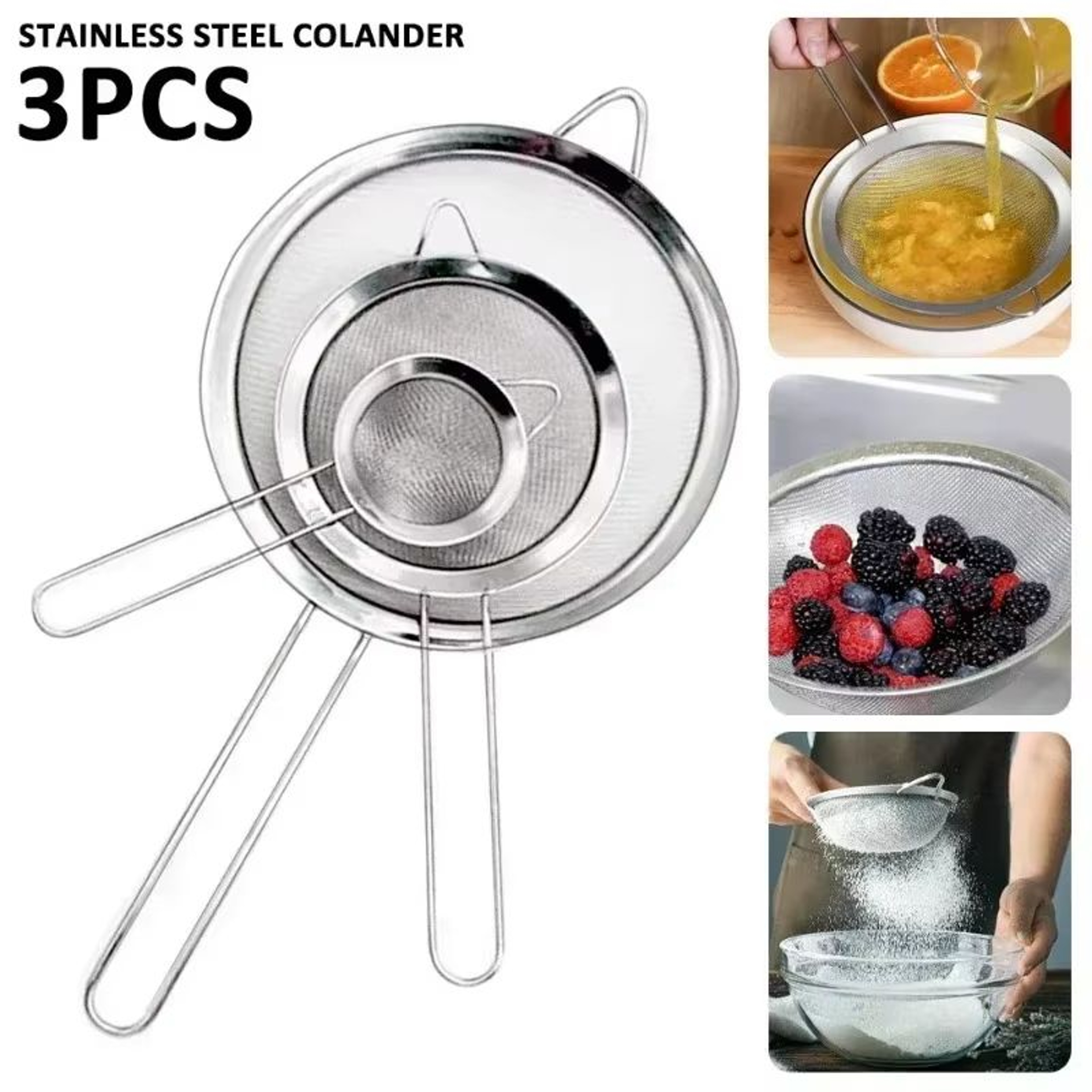 3 Piece Stainless Steel Fine Mesh Strainer Set With Handle For Baking And Cooking 0