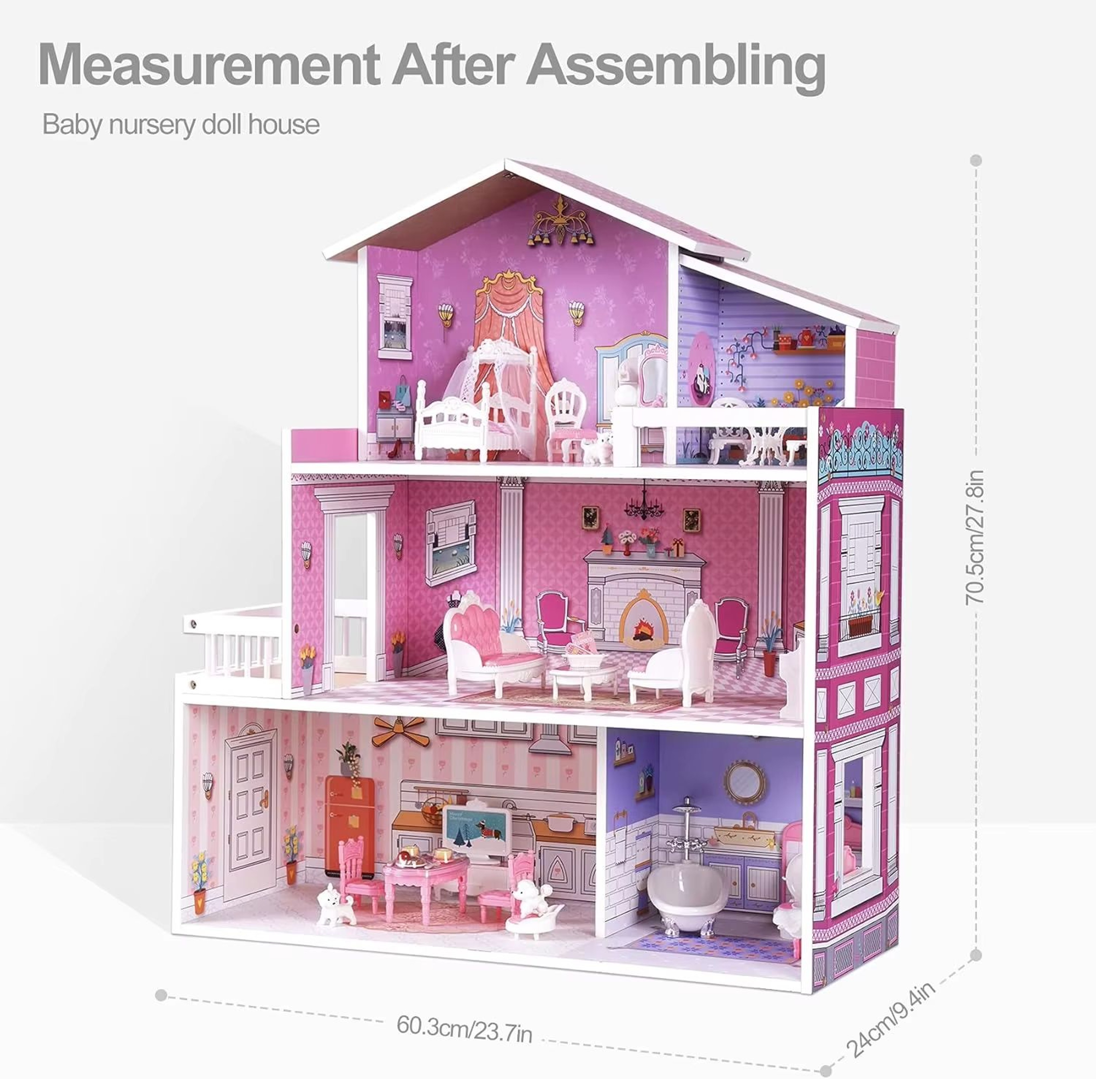 ROBUD Victoria Wooden Dollhouse For Kids 3Story Pretend Play House With Furniture 6