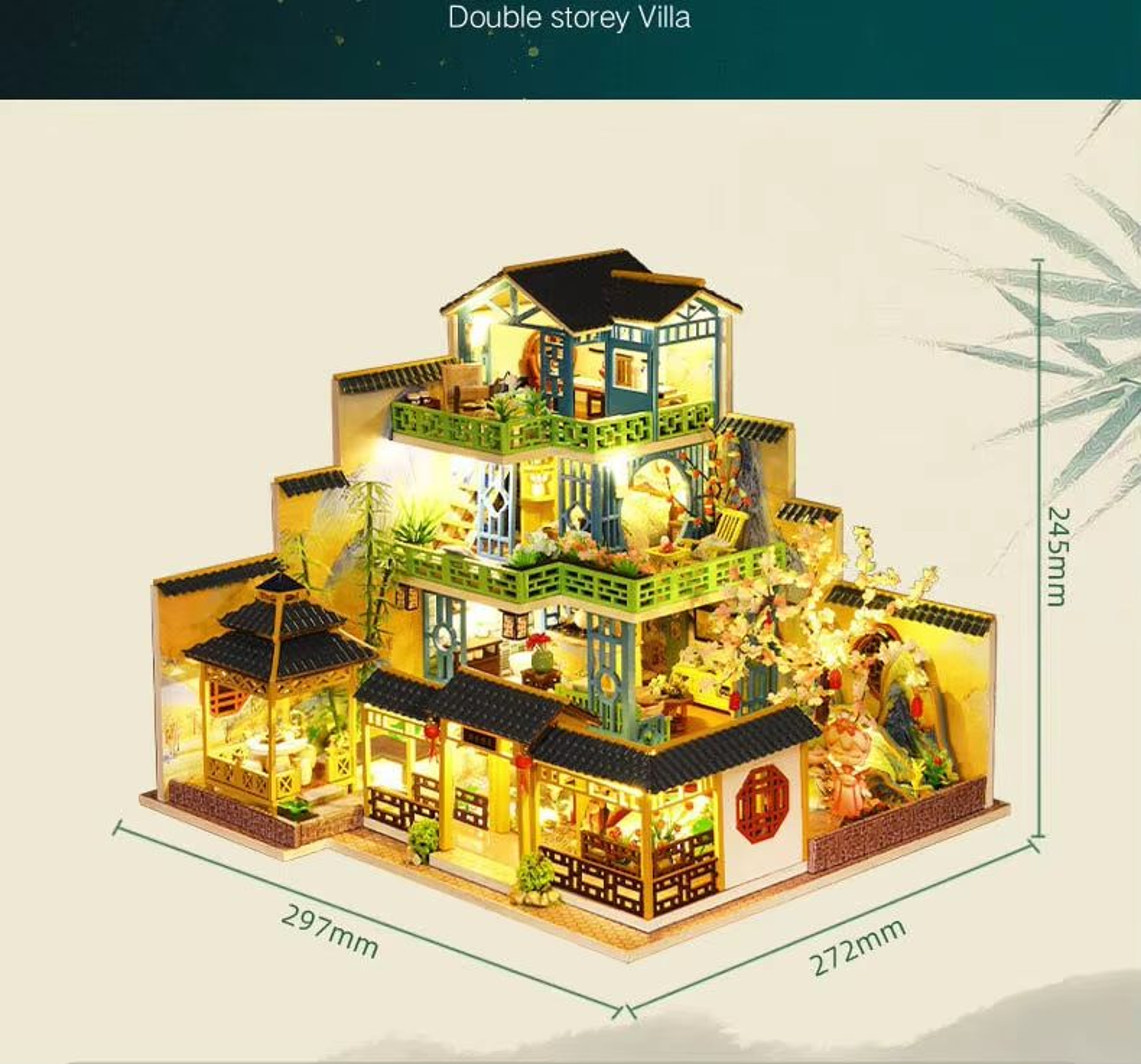 Chinese Villa DIY Wooden Dollhouse Kit With LED Light Miniature House With Furniture 6
