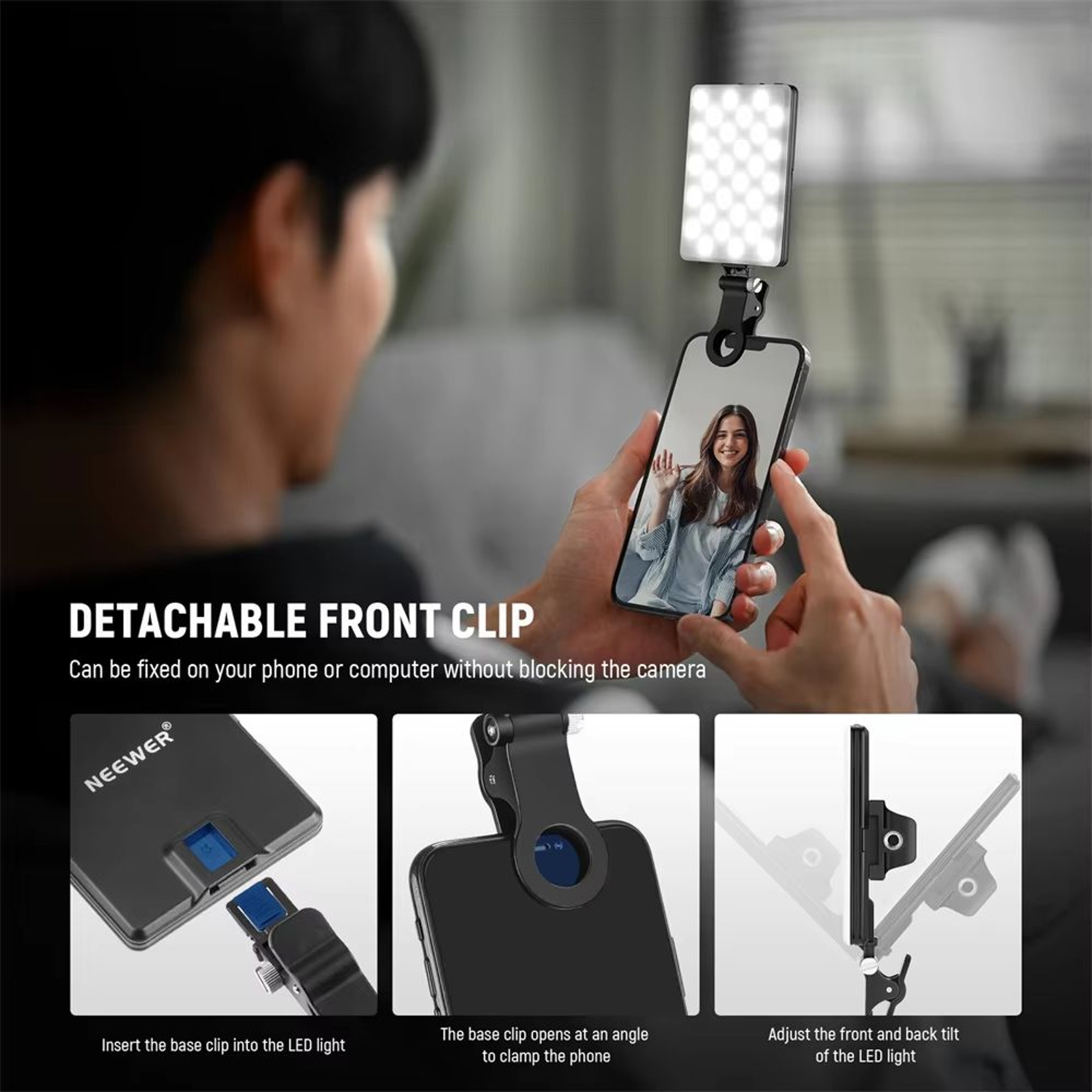 NEEWER Rechargeable Selfie Light Clip On LED Phone Fill Light For Video Calls Makeup And Streaming 2