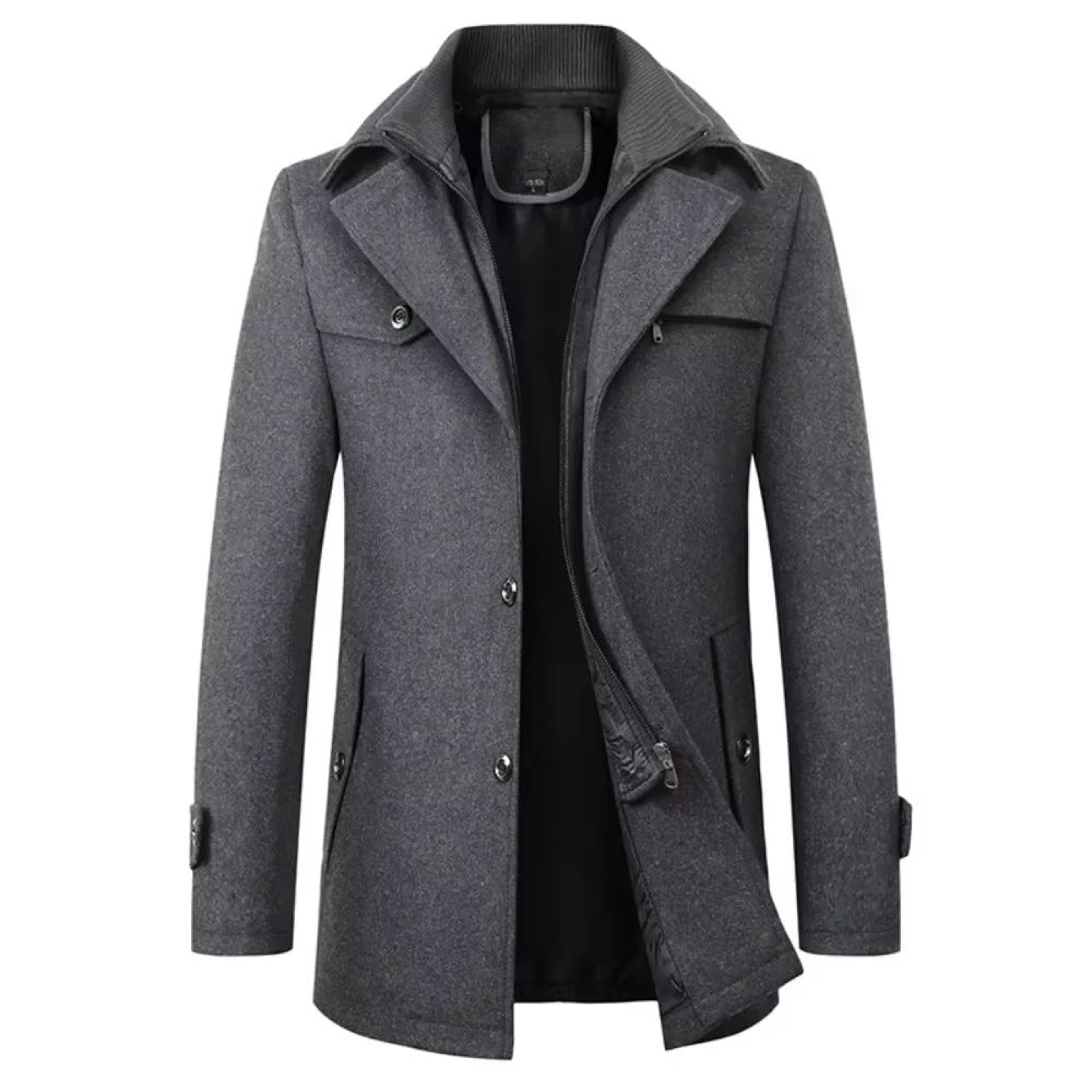 Classic Double Collar Mens Pea Coat  Elegant Mens Woolen Trench Coat Winter Overcoat 0