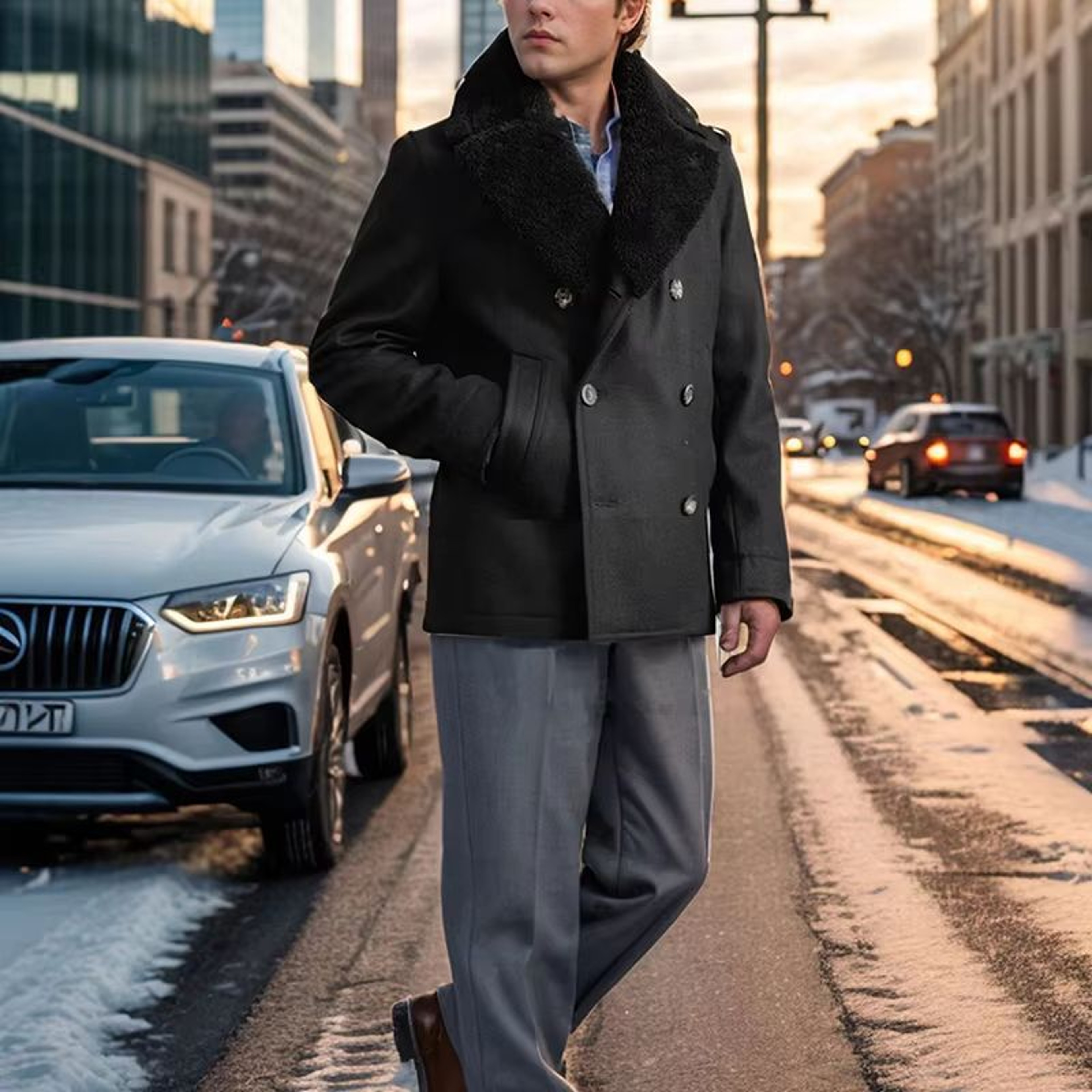 Contrast Detail Mens Wool Pea Coat  Classic Double Breasted Pea Coat Winter Overcoat 1