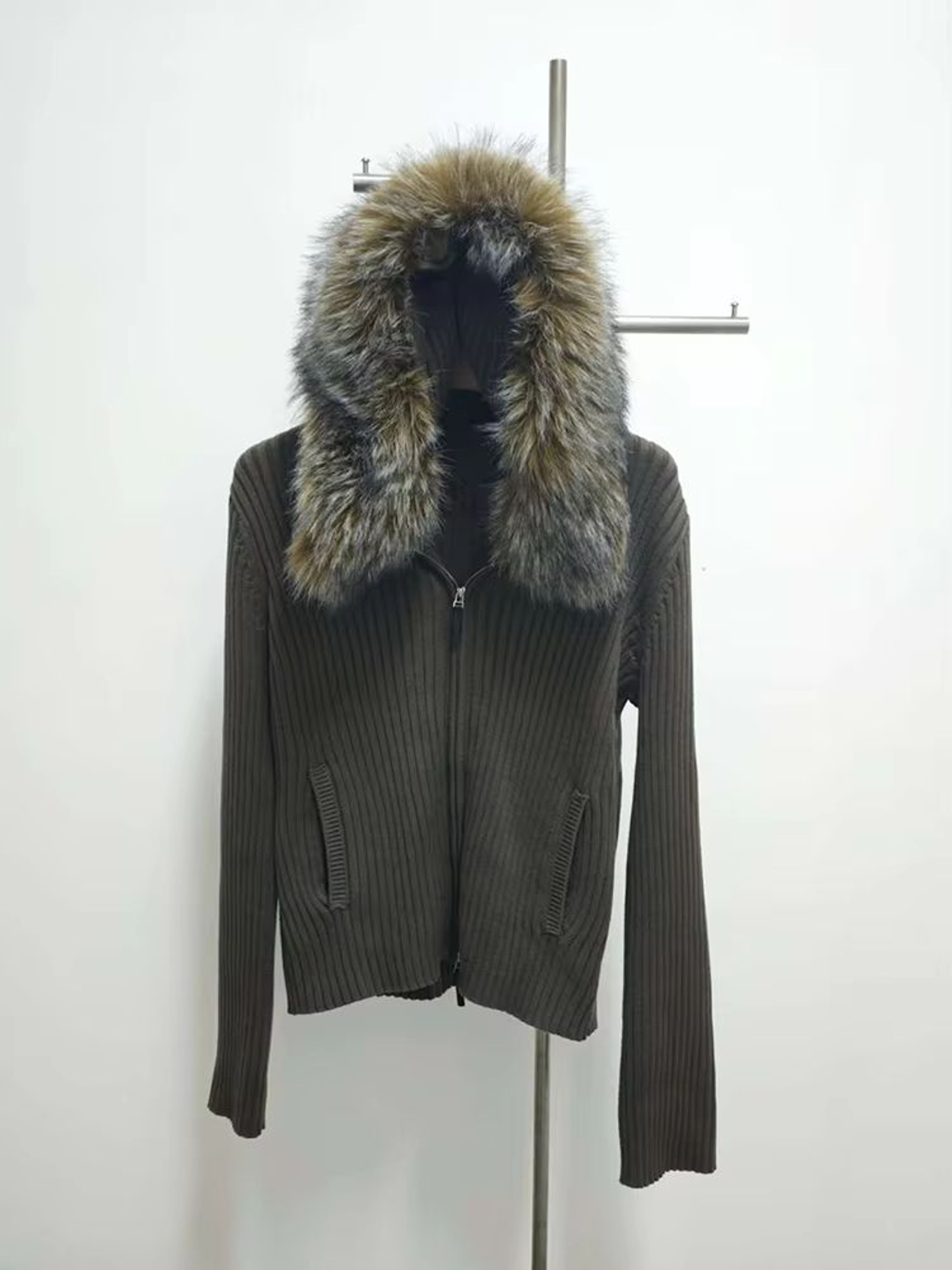Military Green Oversized Fur Collar Jacket With Hooded Zip Knit Sweater Coat For Women 6
