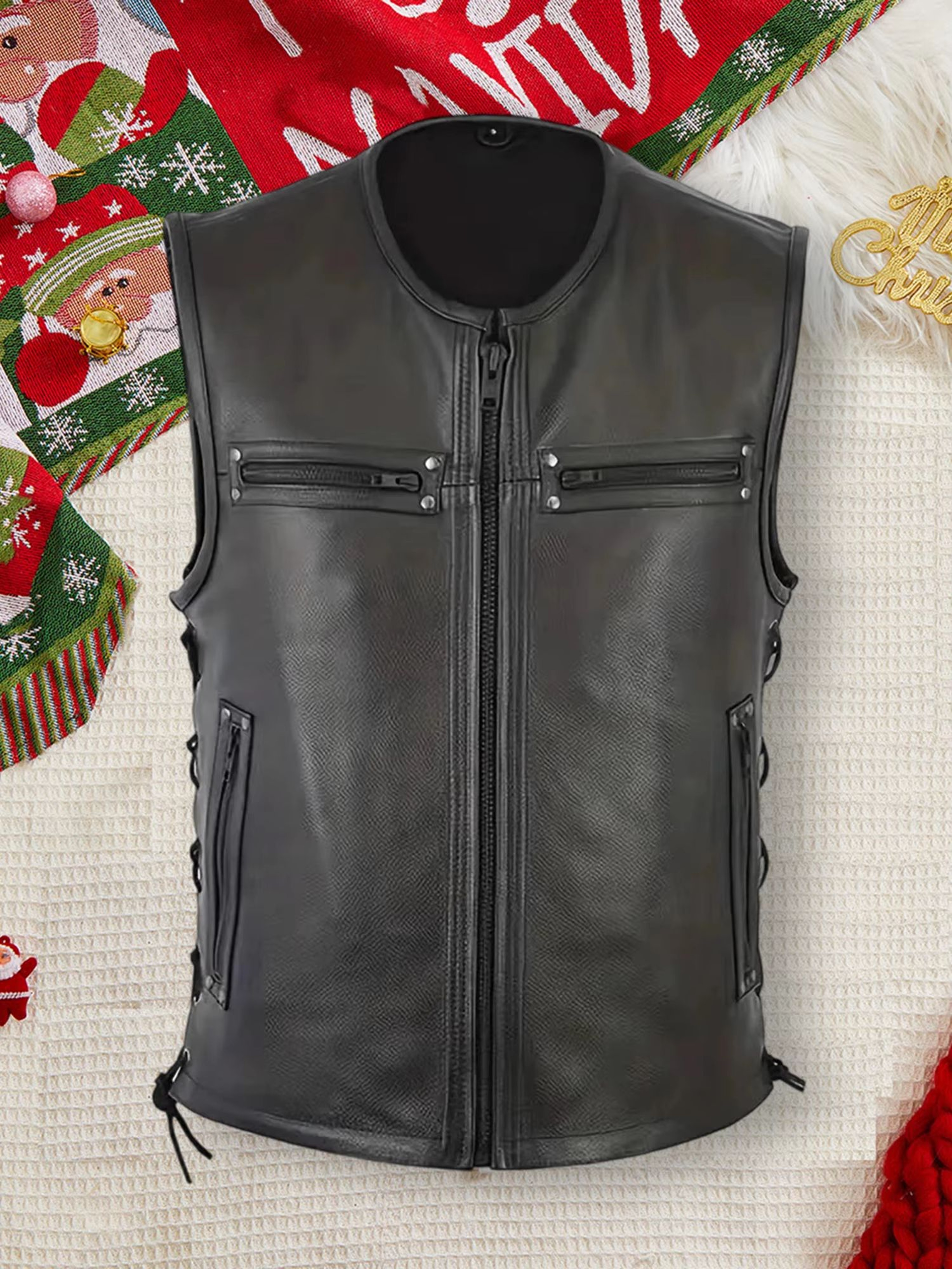 Mens Genuine Leather Biker Vest With Multi Pocket Design And Zipper Sleeveless Jacket 1