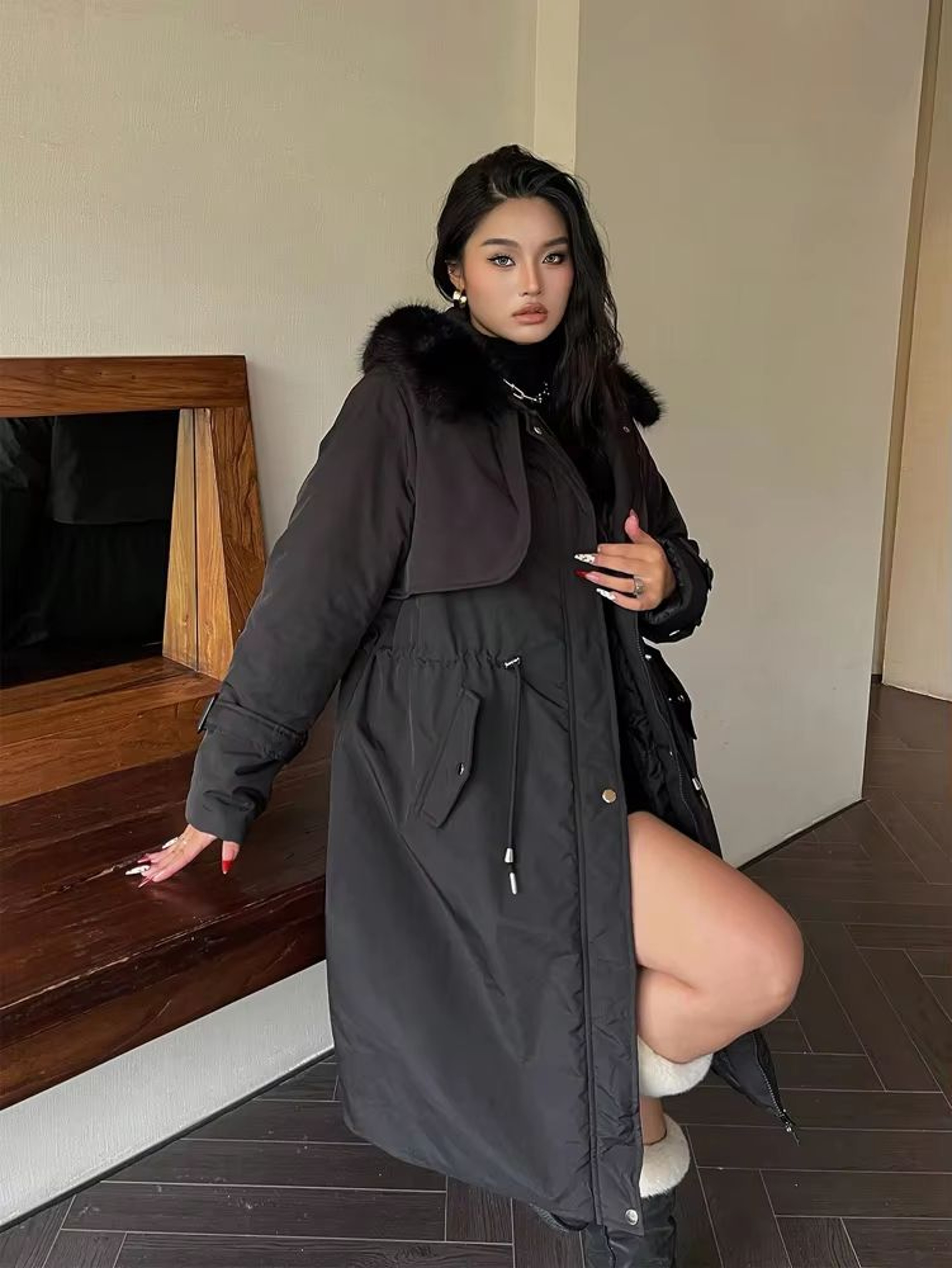 Plus Size Hooded Furry Winter Cotton Jacket Windproof Thickened Plush Warm Coat 3