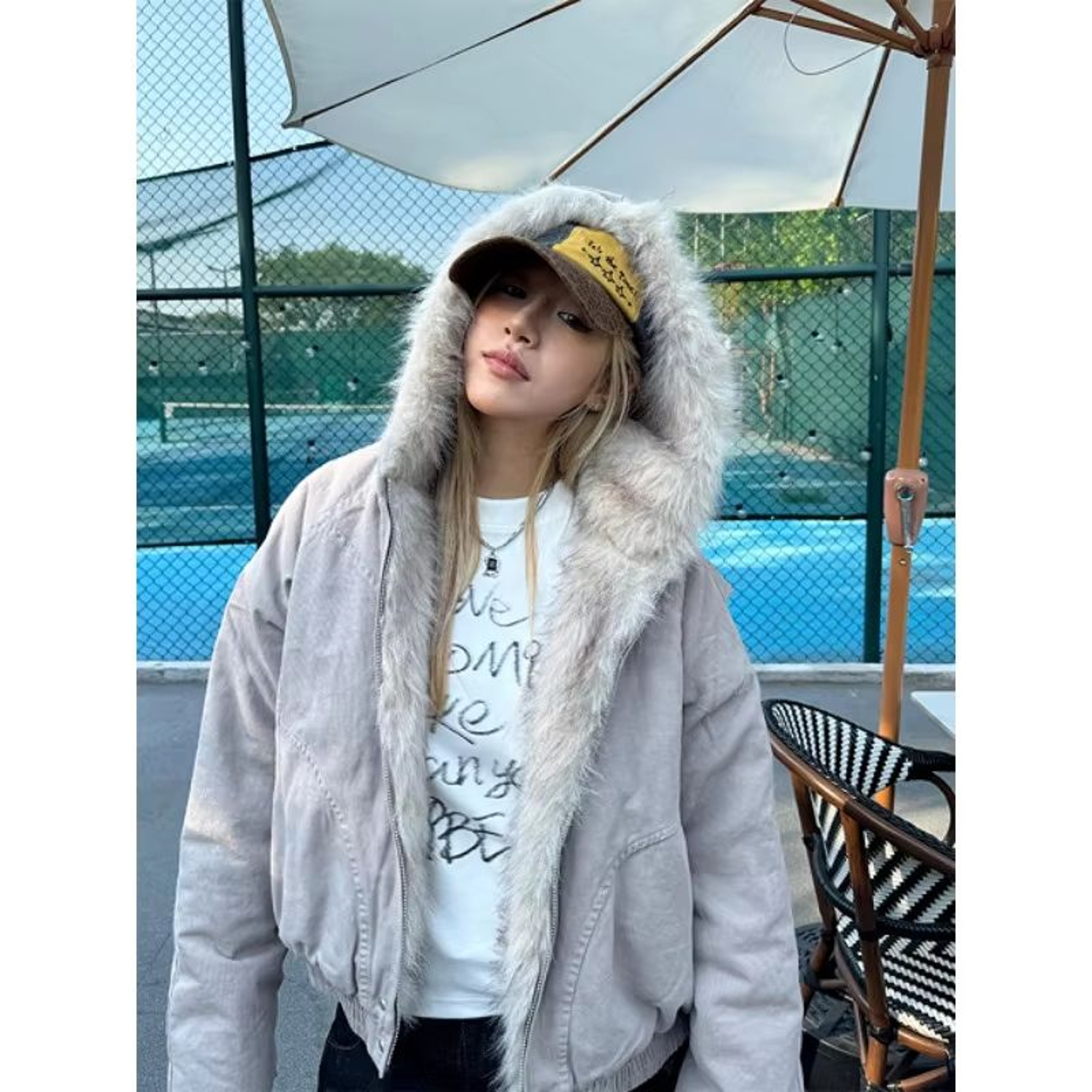 Womens Y2K Fur Collar Jacket Oversized Velvet Hooded Streetwear Coat 0