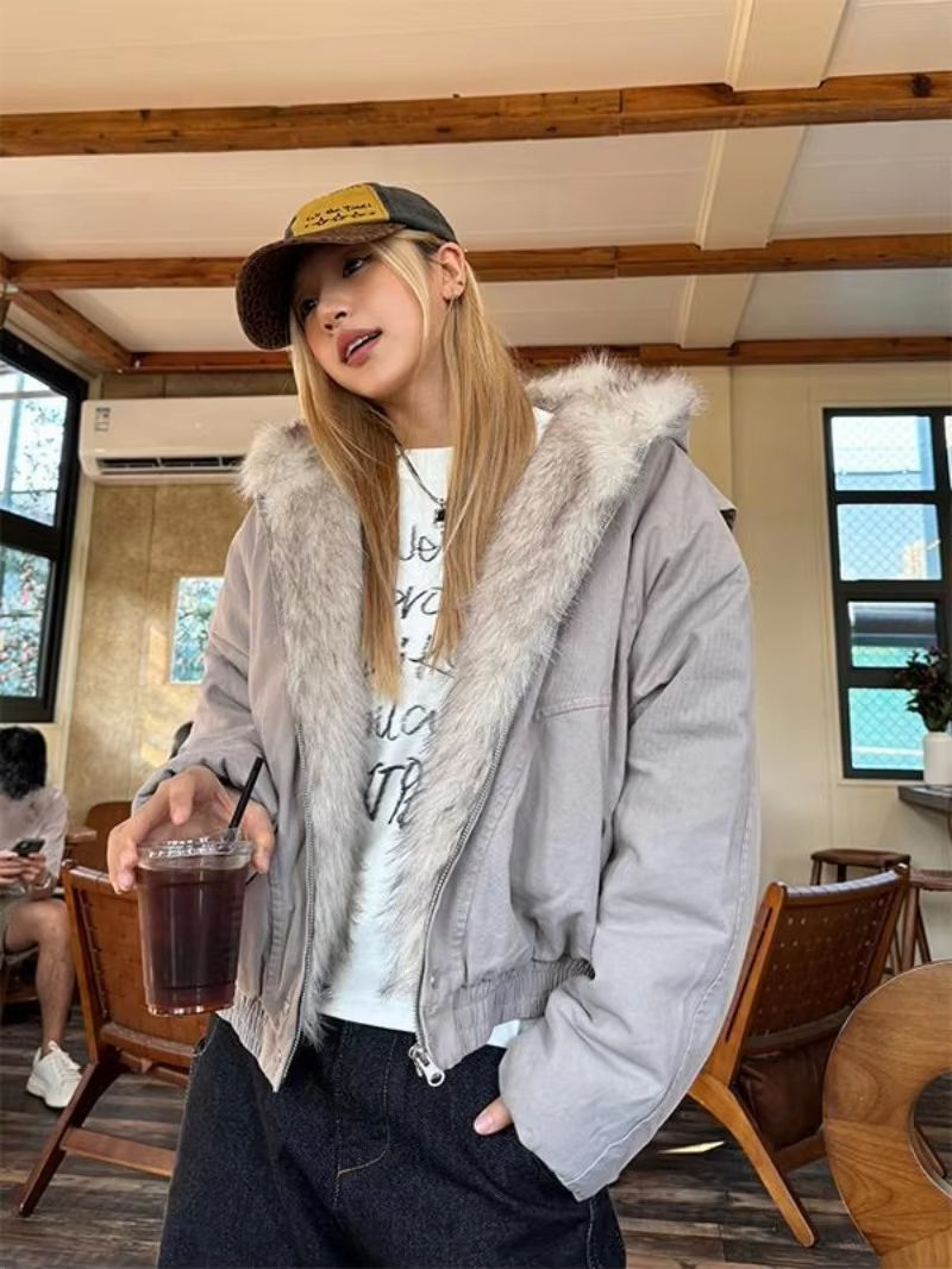Womens Y2K Fur Collar Jacket Oversized Velvet Hooded Streetwear Coat 2