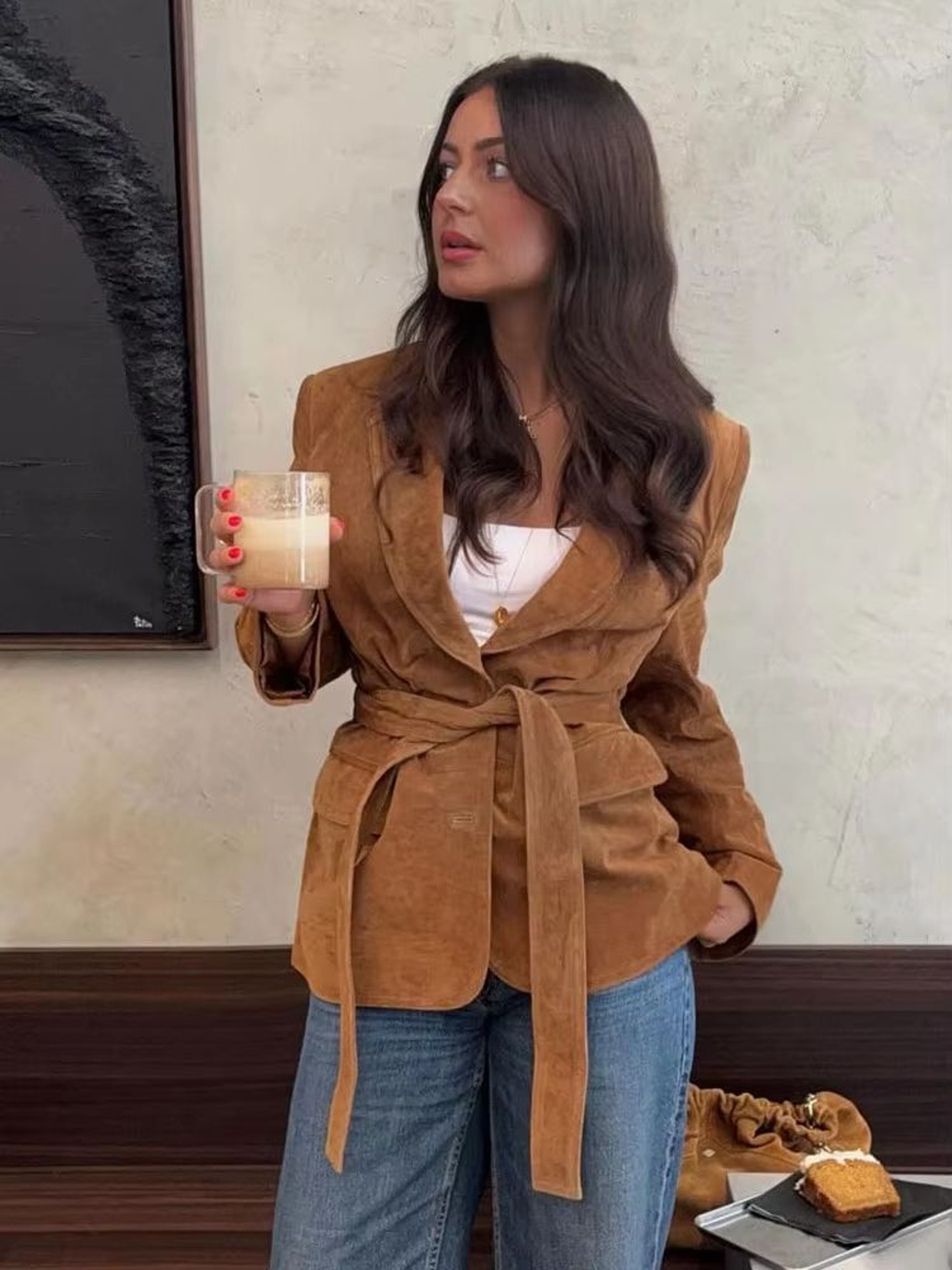 Elegant Women Casual Autumn Coat Lace Up Detail Turn Down Collar Jacket Long Sleeve Button Pocket J 4
