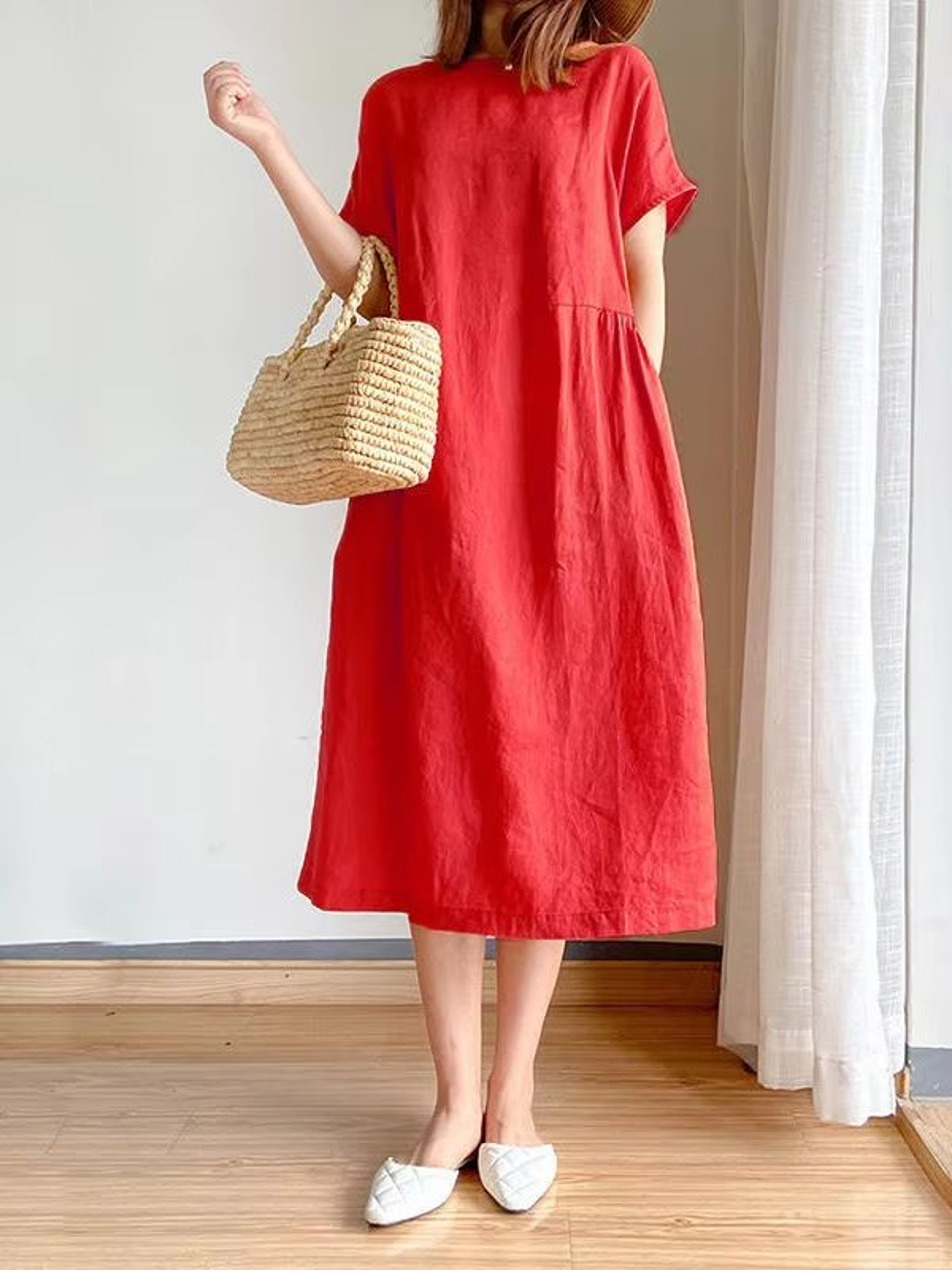 Loose Linen A Line Midi Dress Summer Round Neck Linen Dress High Waist Breathable Summer Dress 1