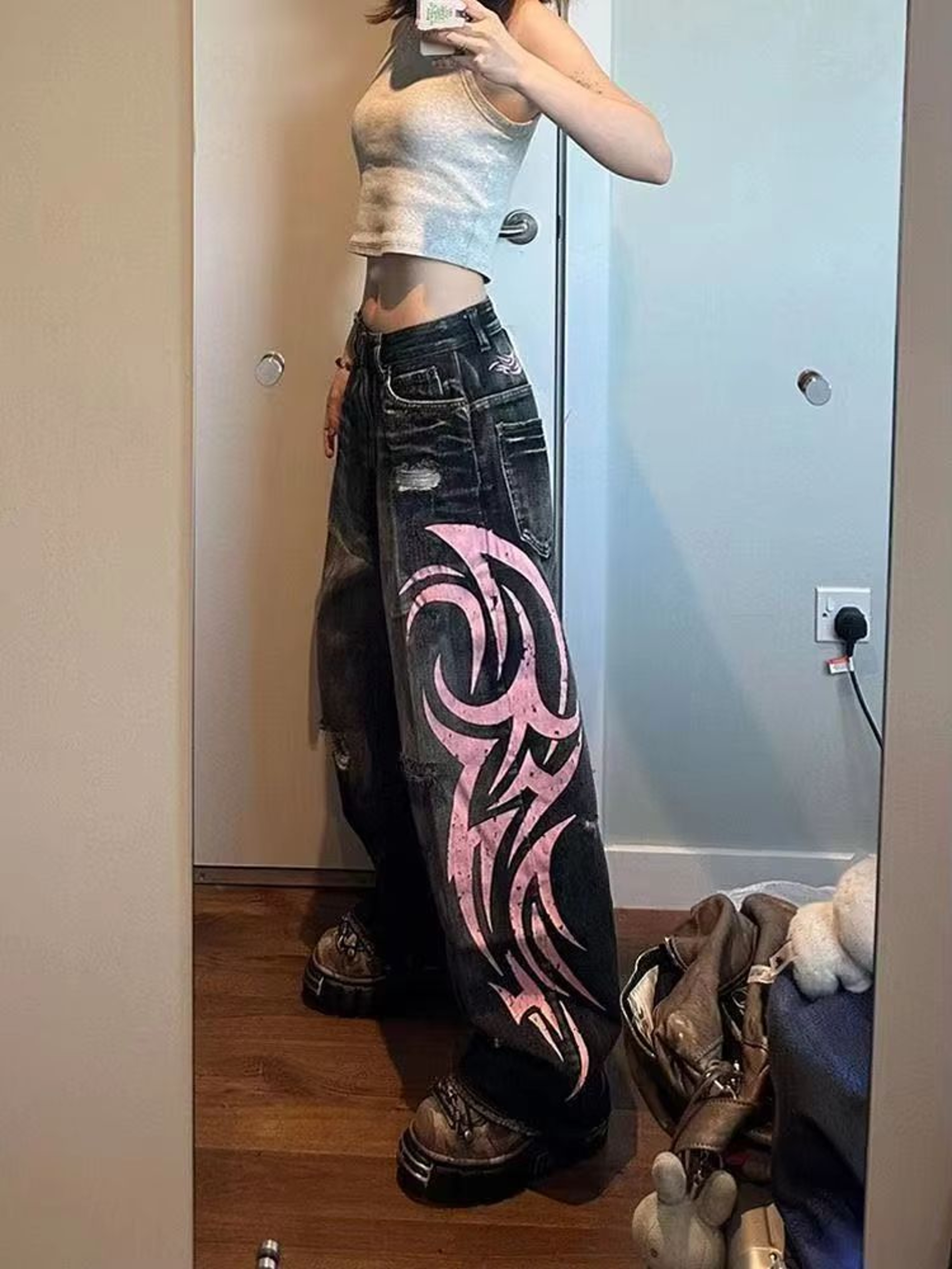 Vintage Y2K Totem Print Baggy Jeans High Waist Wide Leg Streetwear Jeans Retro Hip Hop Loose Denim  3
