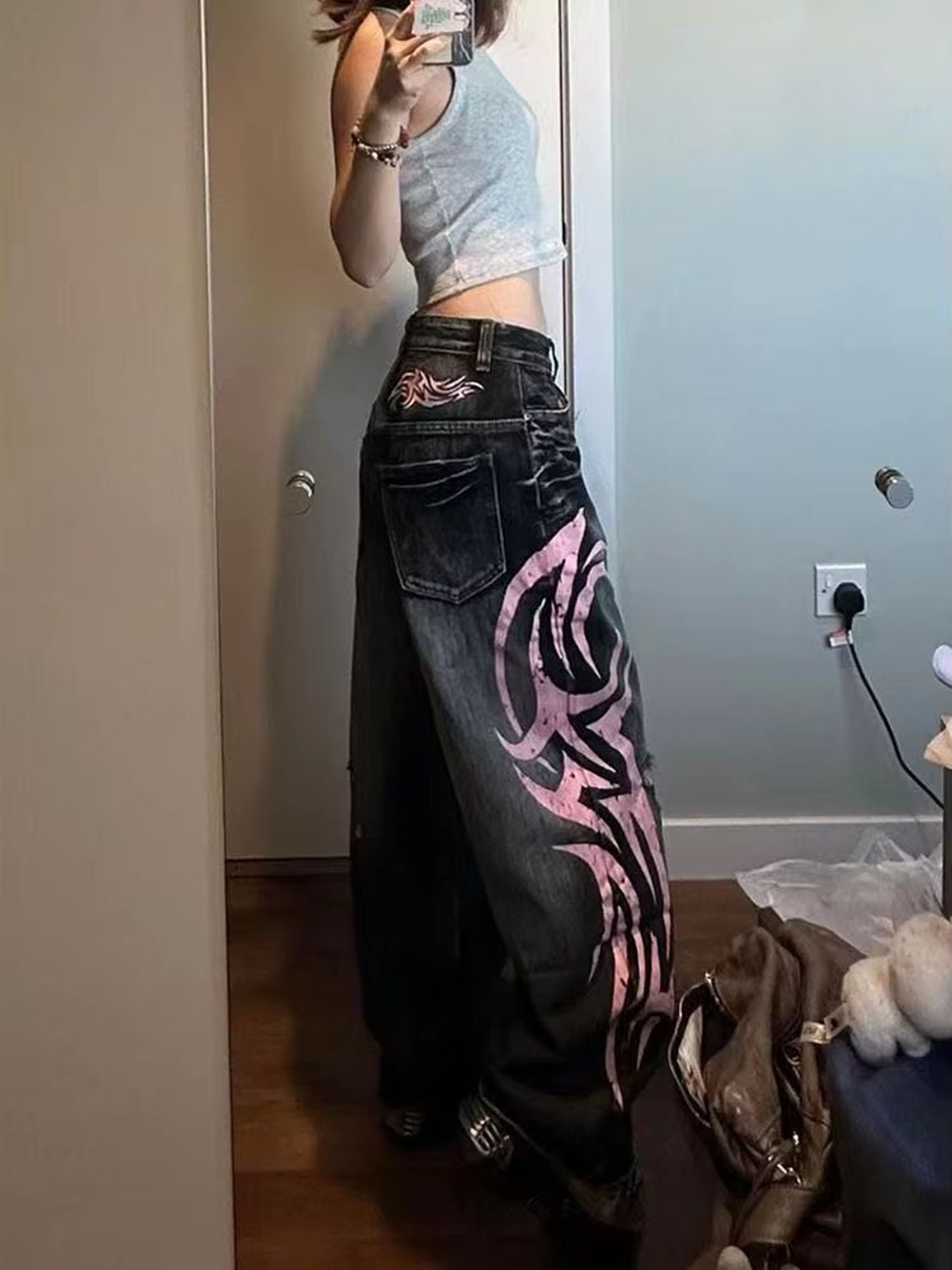 Vintage Y2K Totem Print Baggy Jeans High Waist Wide Leg Streetwear Jeans Retro Hip Hop Loose Denim  4