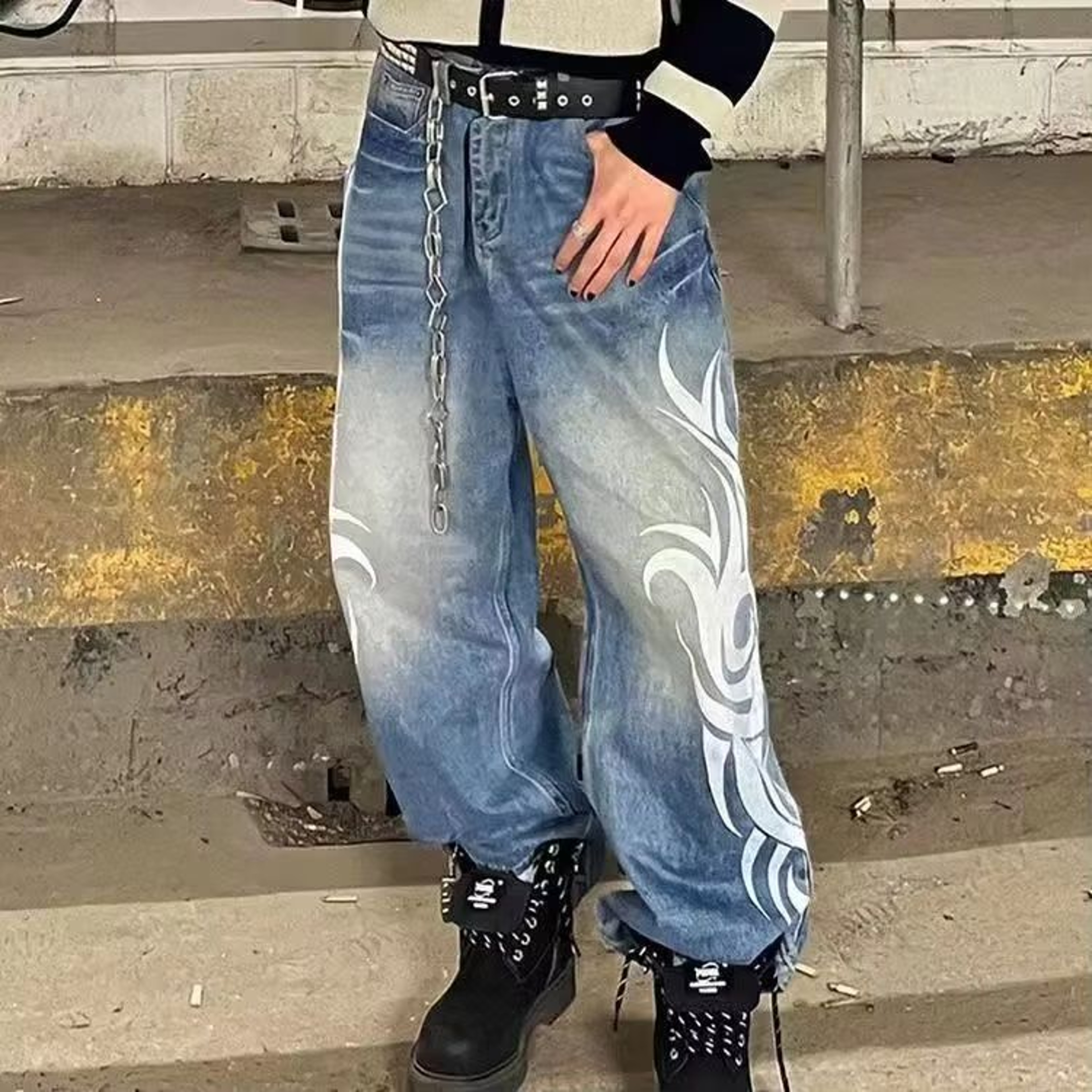 Vintage Y2K Totem Print Baggy Jeans High Waist Wide Leg Streetwear Jeans Retro Hip Hop Loose Denim  8