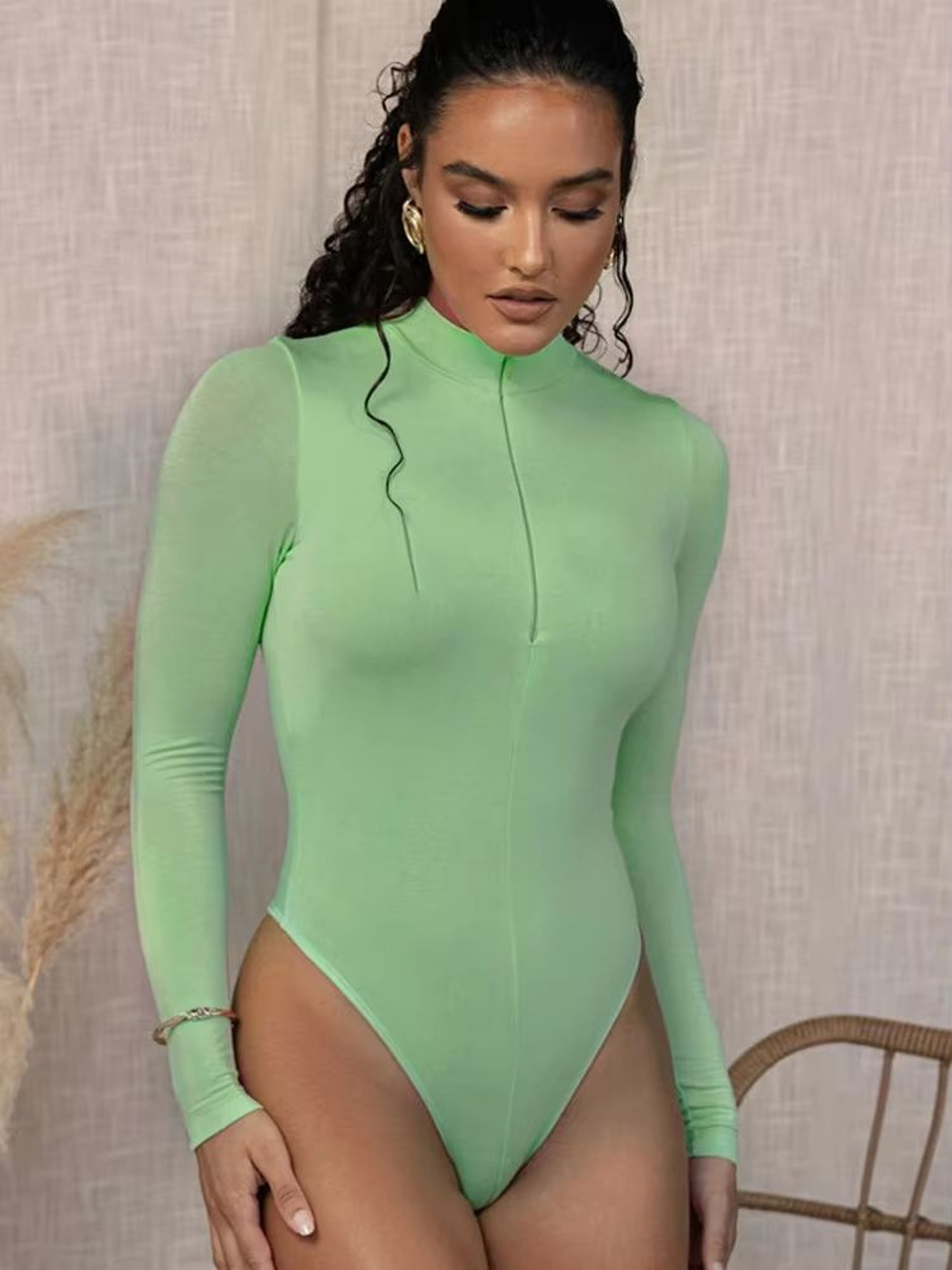 Sculpt Zip Womens Mock Neck Bodycon Bodysuit Long Sleeve Slim Fit Top 4