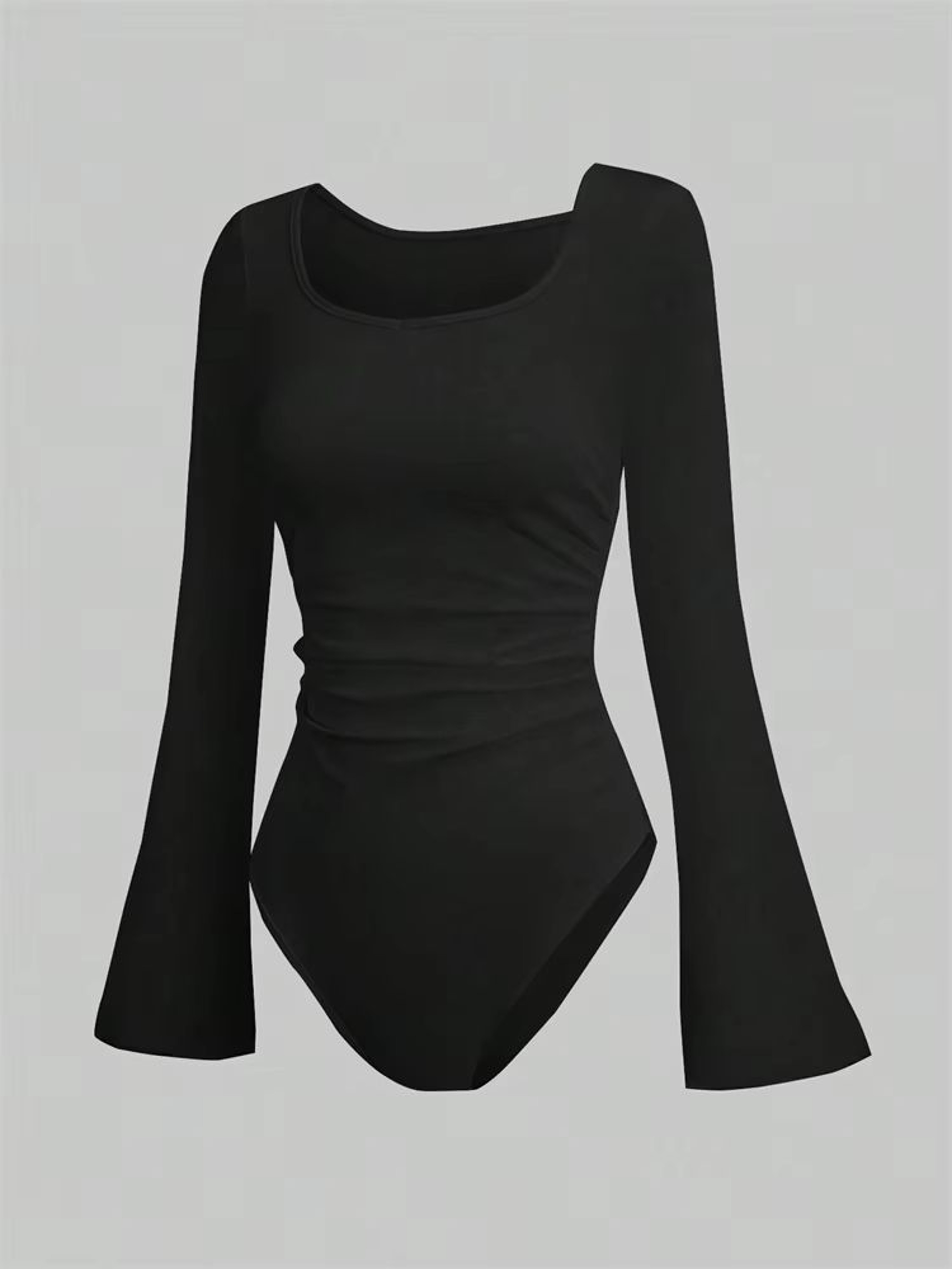 Street Chic Ruched Flare Sleeve Bodysuit For Women Round Neck Pleated Long Sleeve Top 1