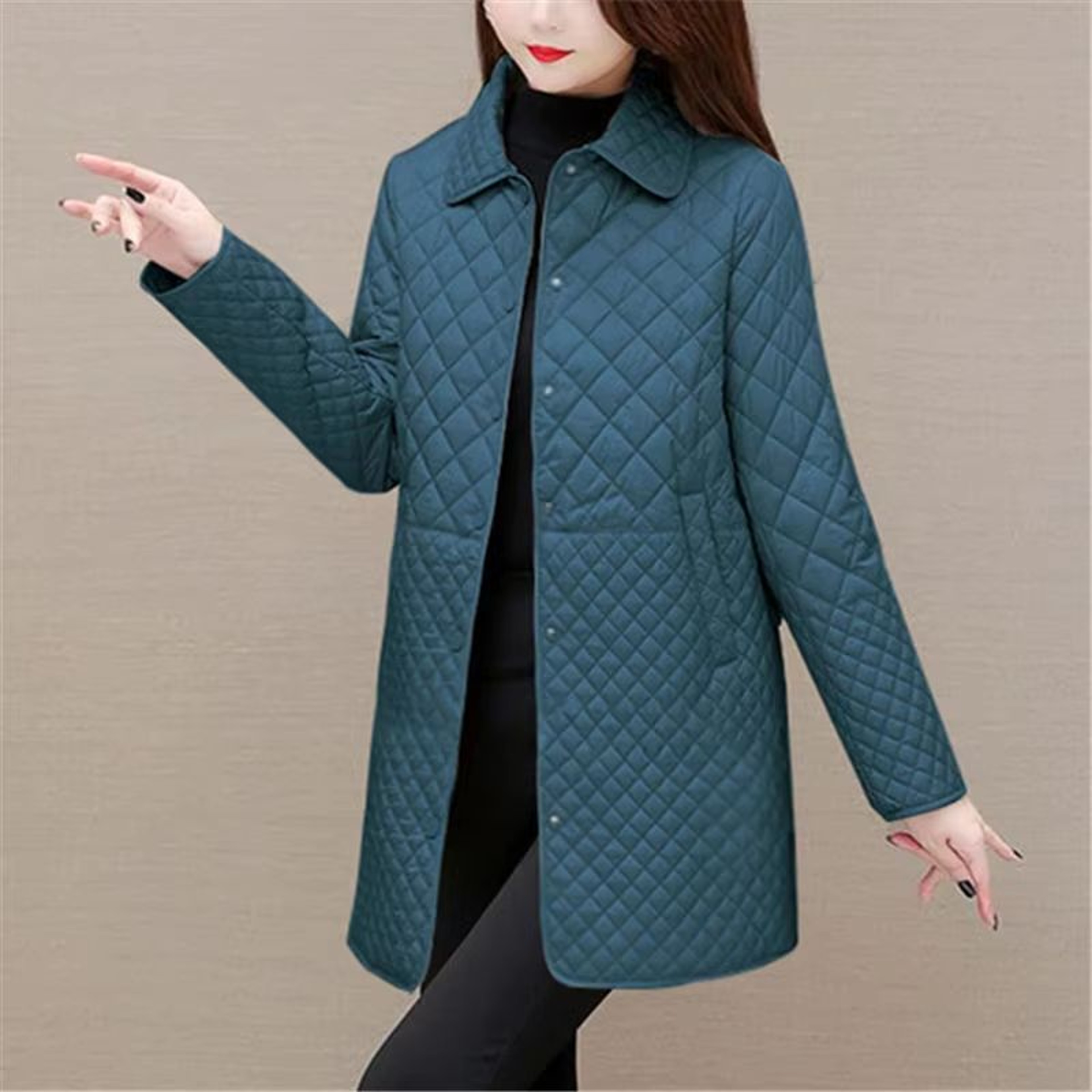 Korean Style Womens Plaid Quilted Midi Coat Thick Warm Long Sleeve Winter Jacket 1