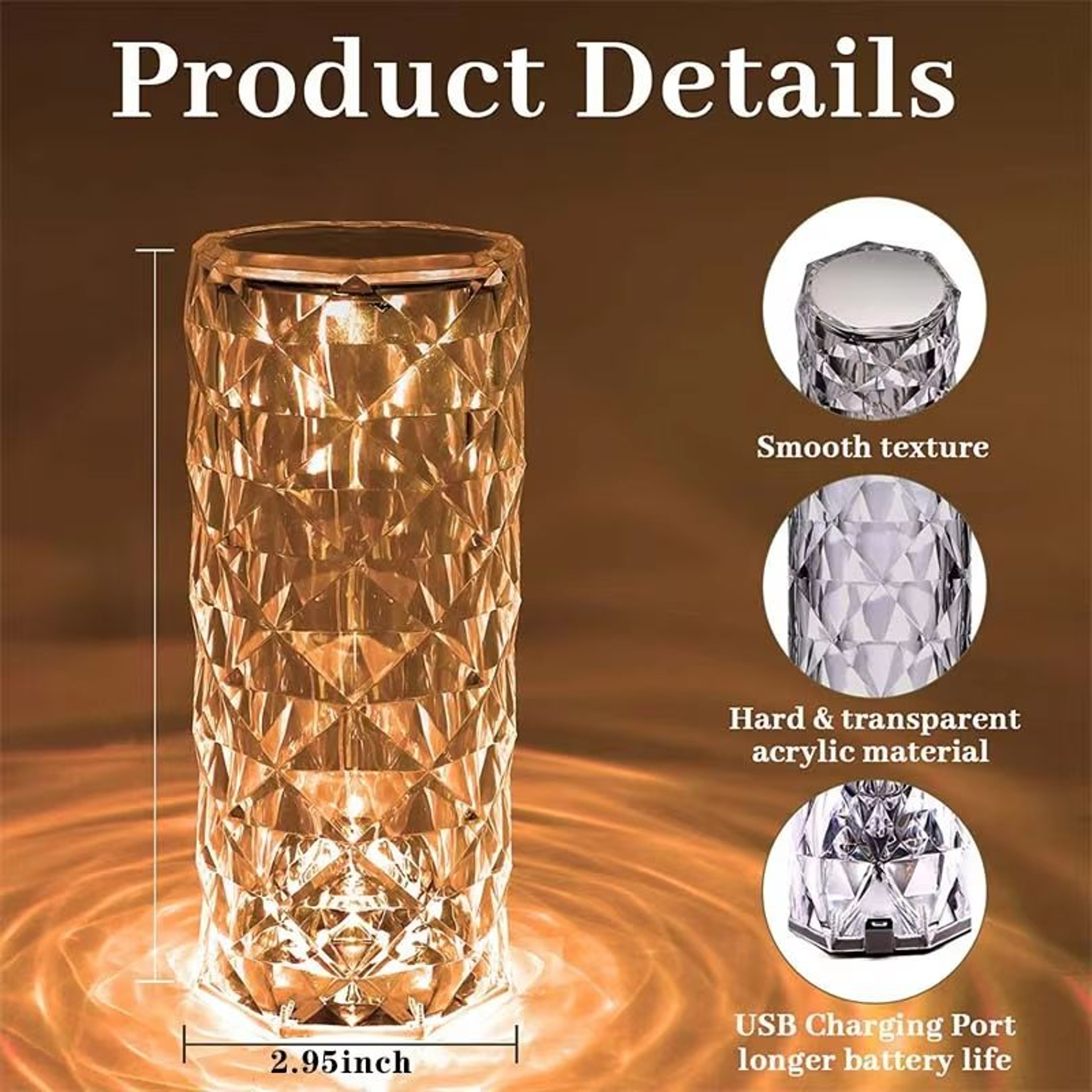 Crystal Diamond Rose Bedside Lamp With 16 Colors Touch  Remote LED Night Light USB Rechargeable 1