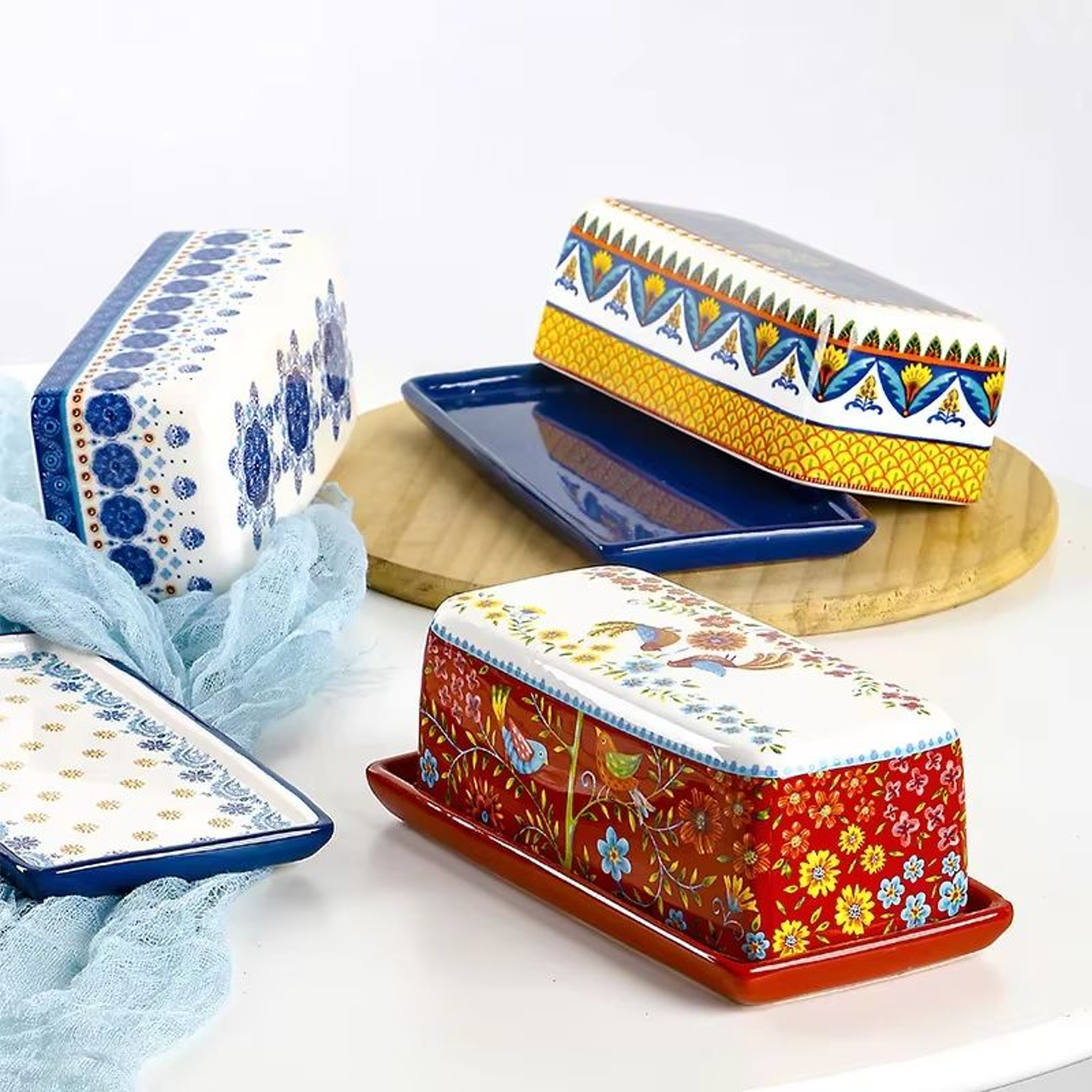 Hand Painted Ceramic Butter Dish With Lid Decorative Cheese Plate 3