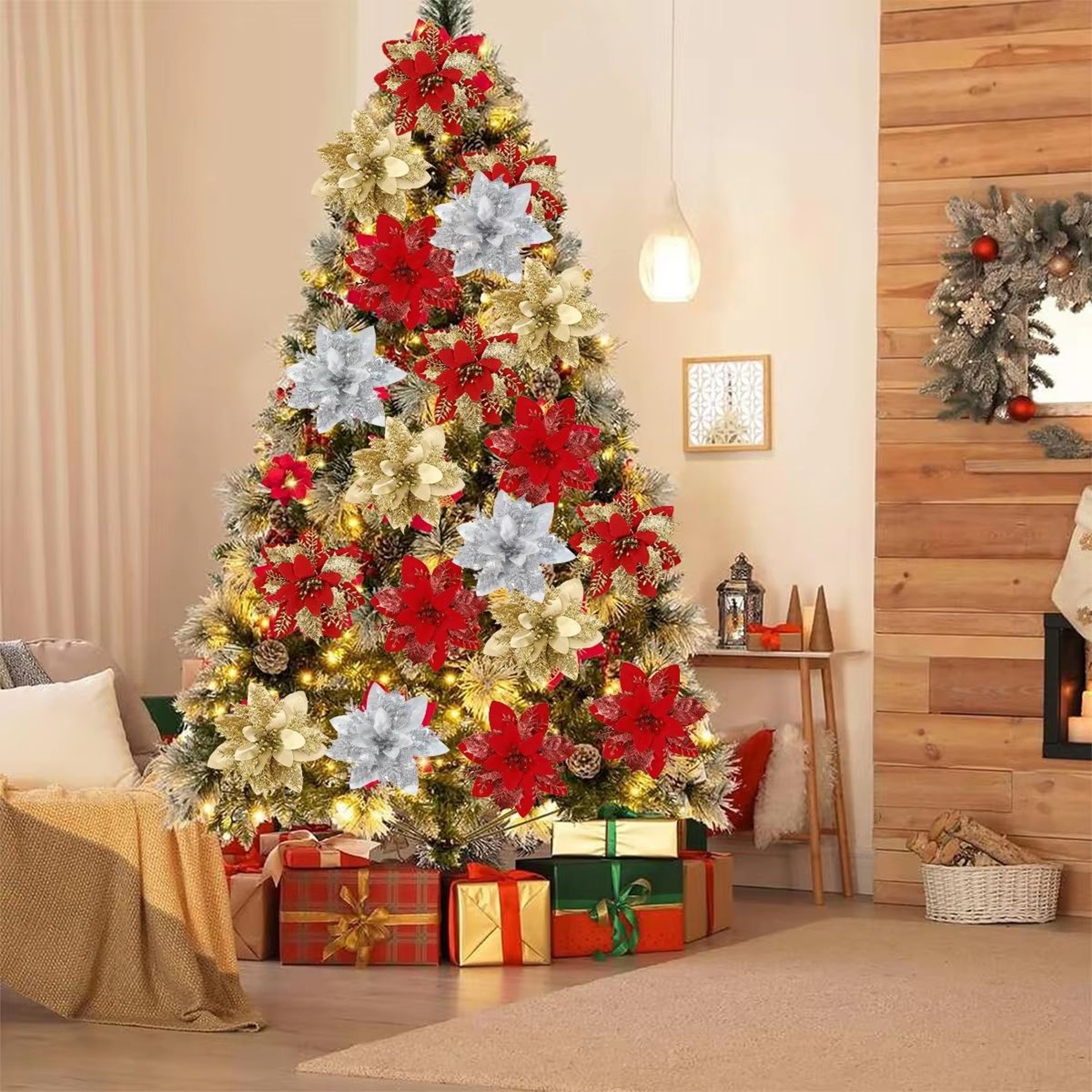 Glitter Artificial Christmas Flowers Tree Ornaments For Festive Holiday Decor 1