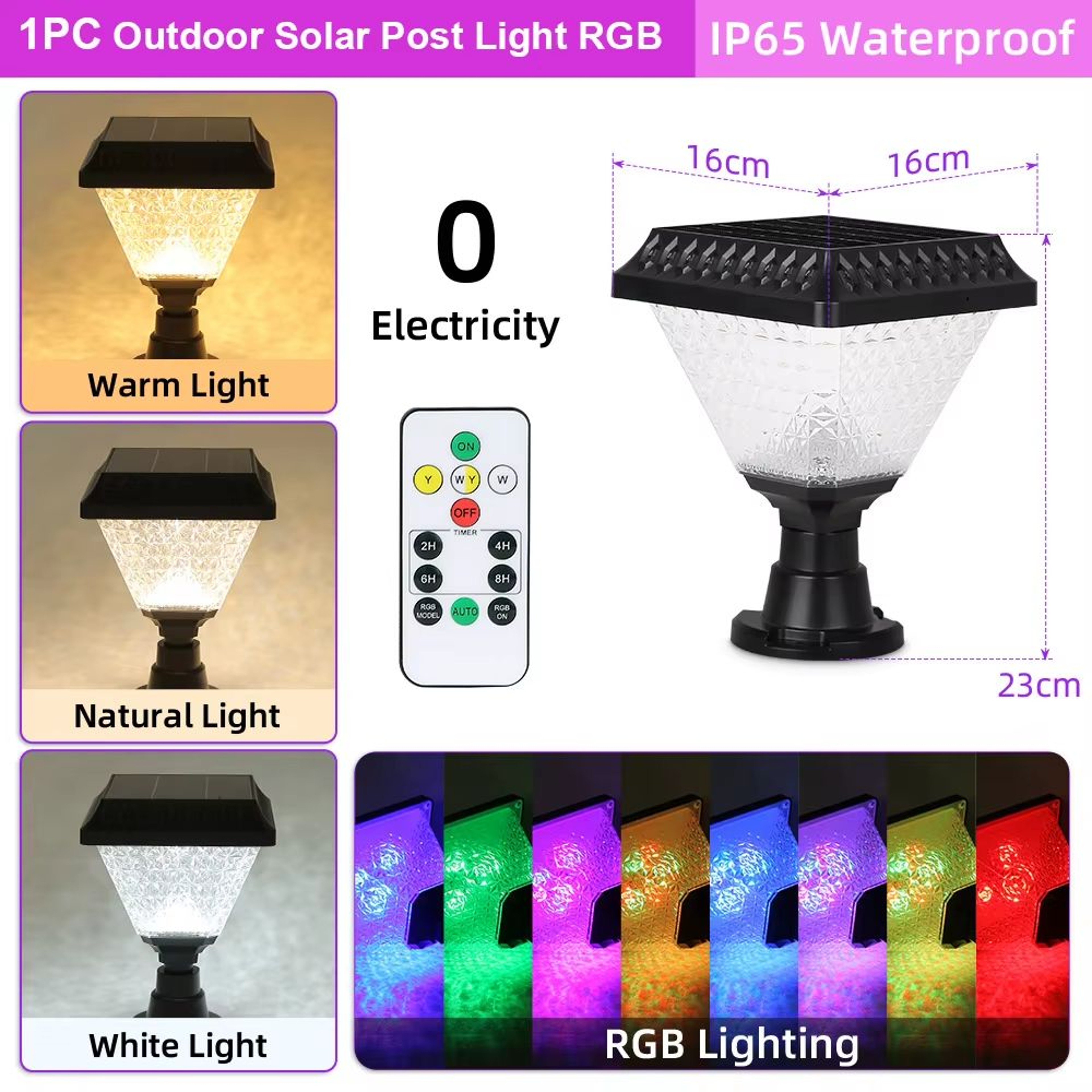 Solar RGB Post Light With Timer Waterproof LED Outdoor Garden Yard Lamp 3
