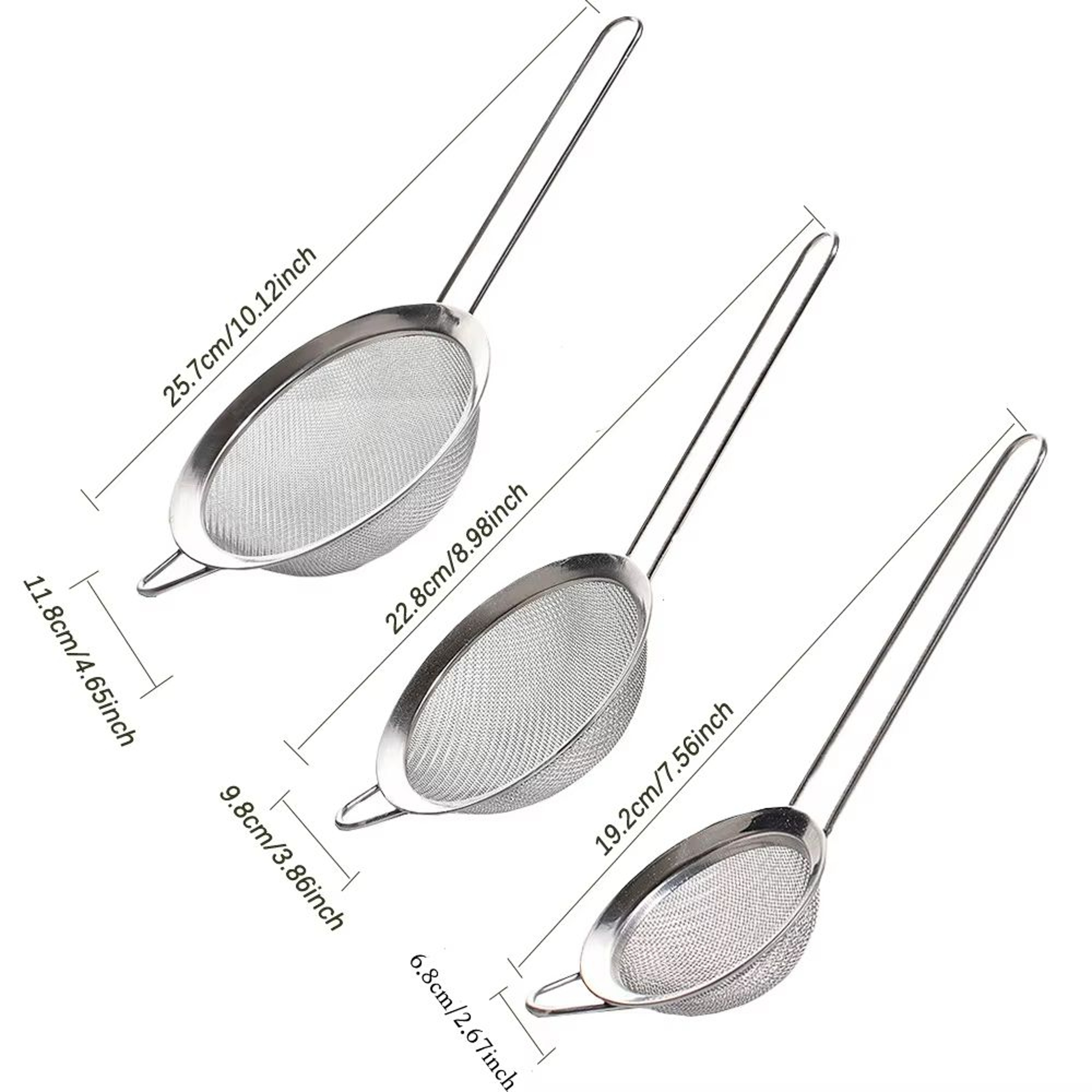 3pcs Stainless Steel Fine Mesh Strainer Set Multipurpose Flour Sifter And Kitchen Sieve With Handle 3