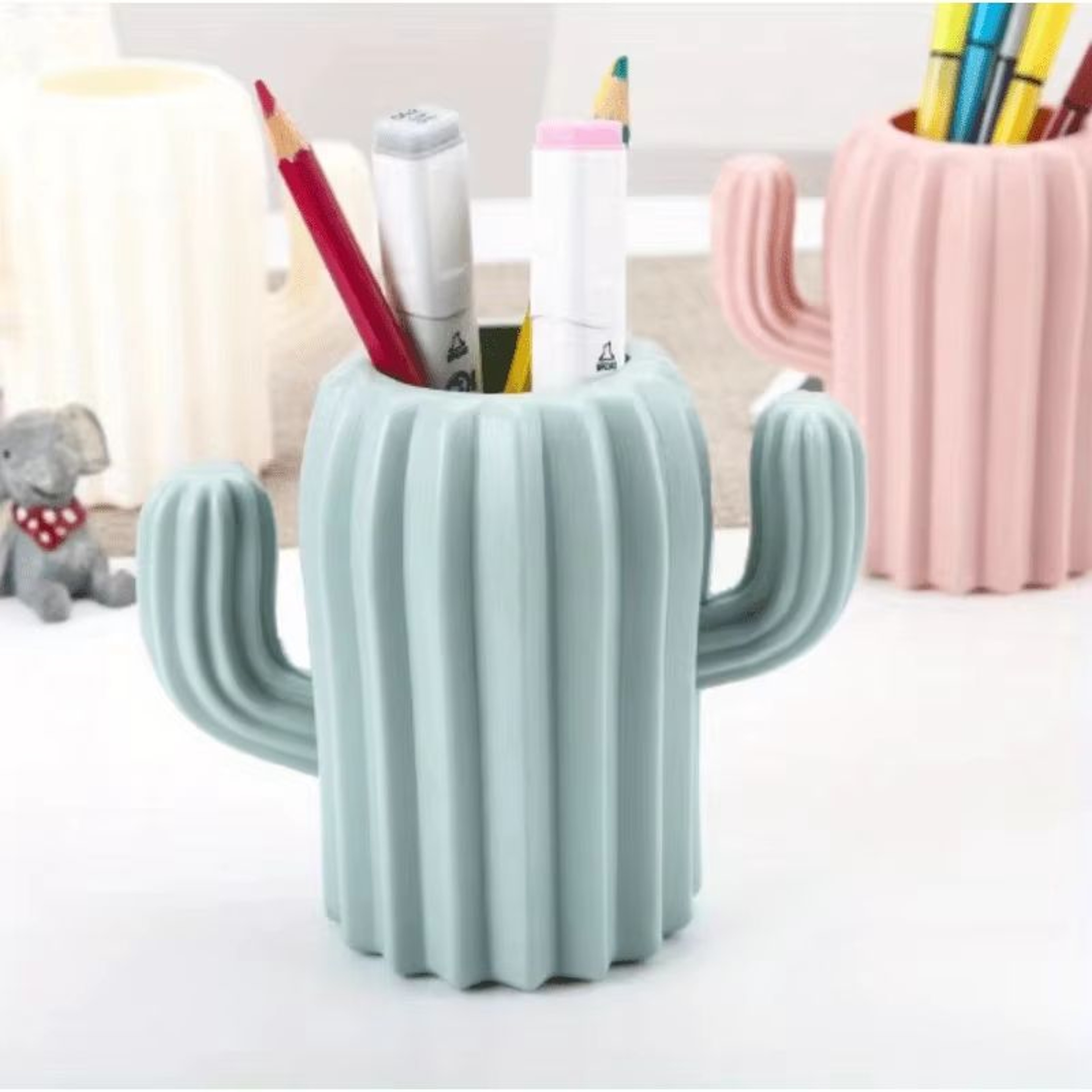 Cute Cactus Desk Organizer Pen Holder With Multi Compartment Storage 7