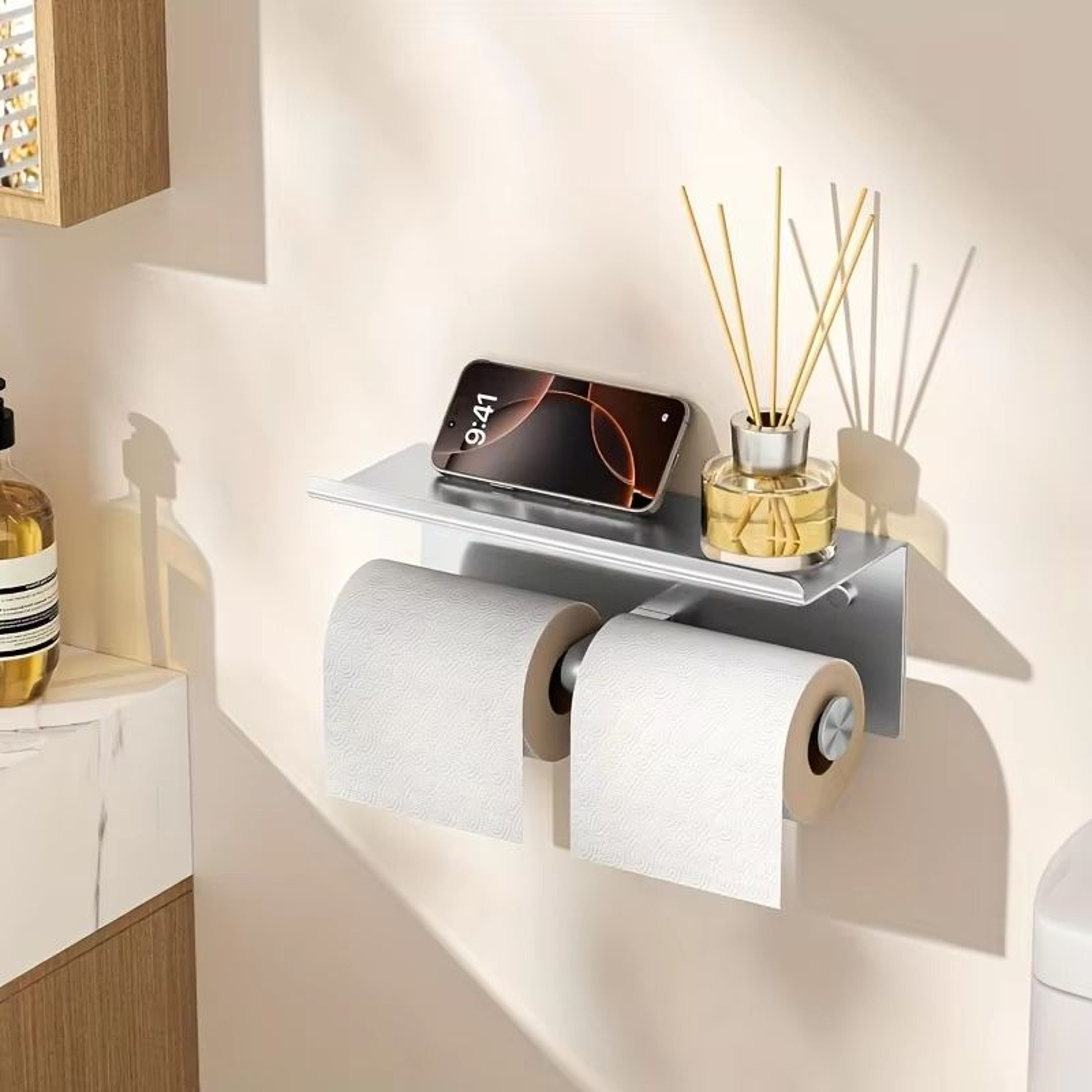 Stainless Steel Double Toilet Paper Holder With Shelf And WallMount Storage 7
