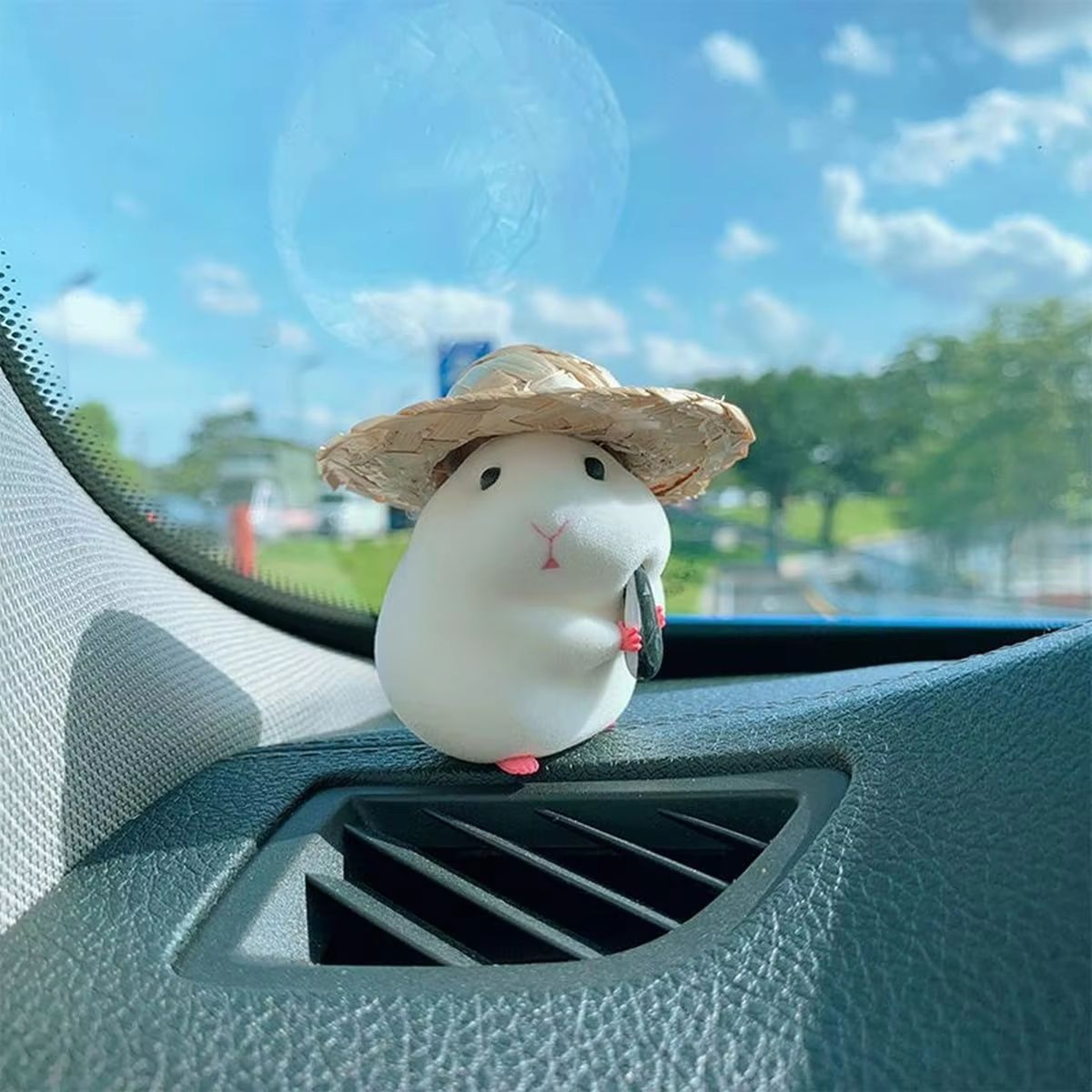 Cute Hamster Car Dashboard Ornament Straw Hat Mini Interior Decoration 3