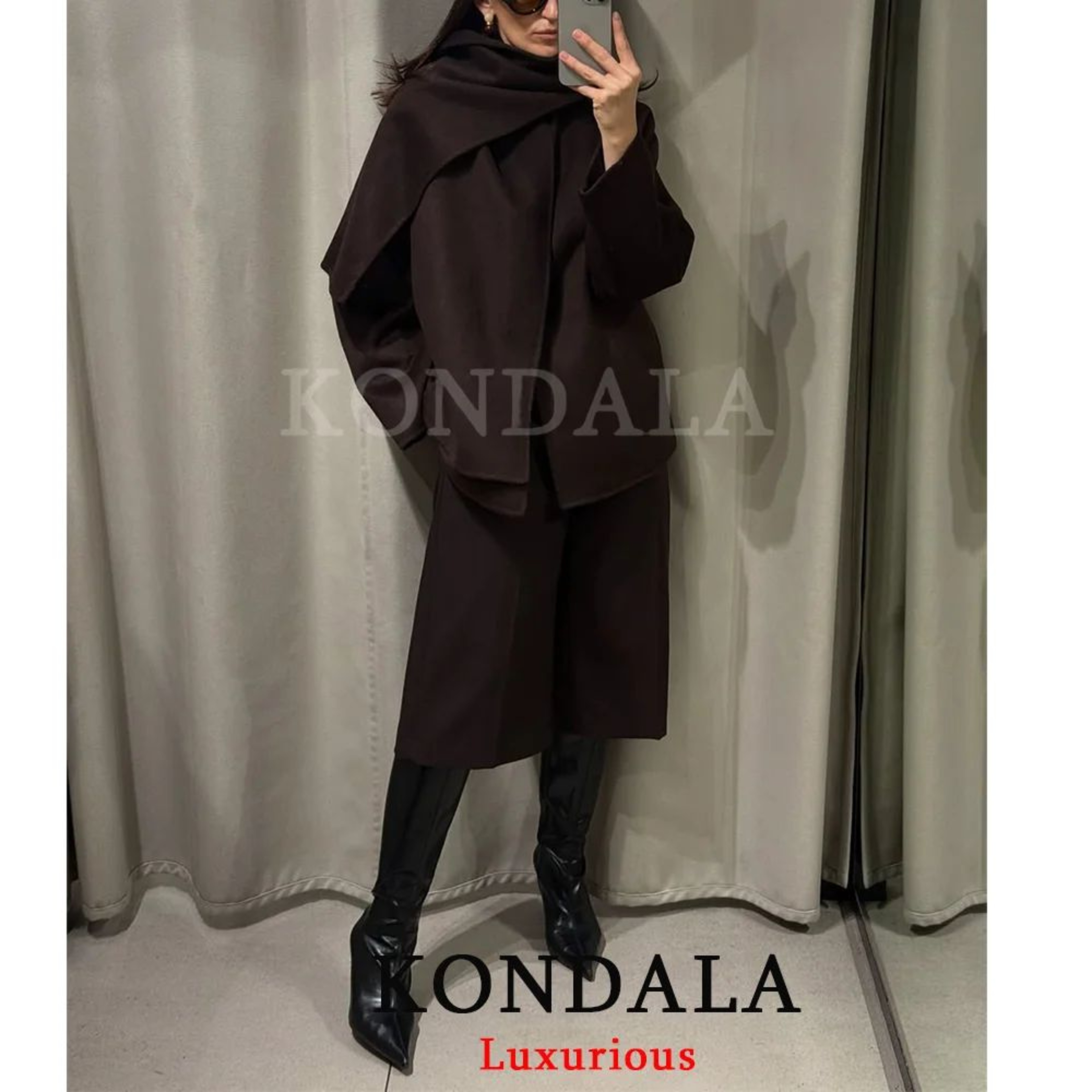 Chocolate Brown Scarf Jacket For Women Loose Fit Thick Warm Winter Coat 3