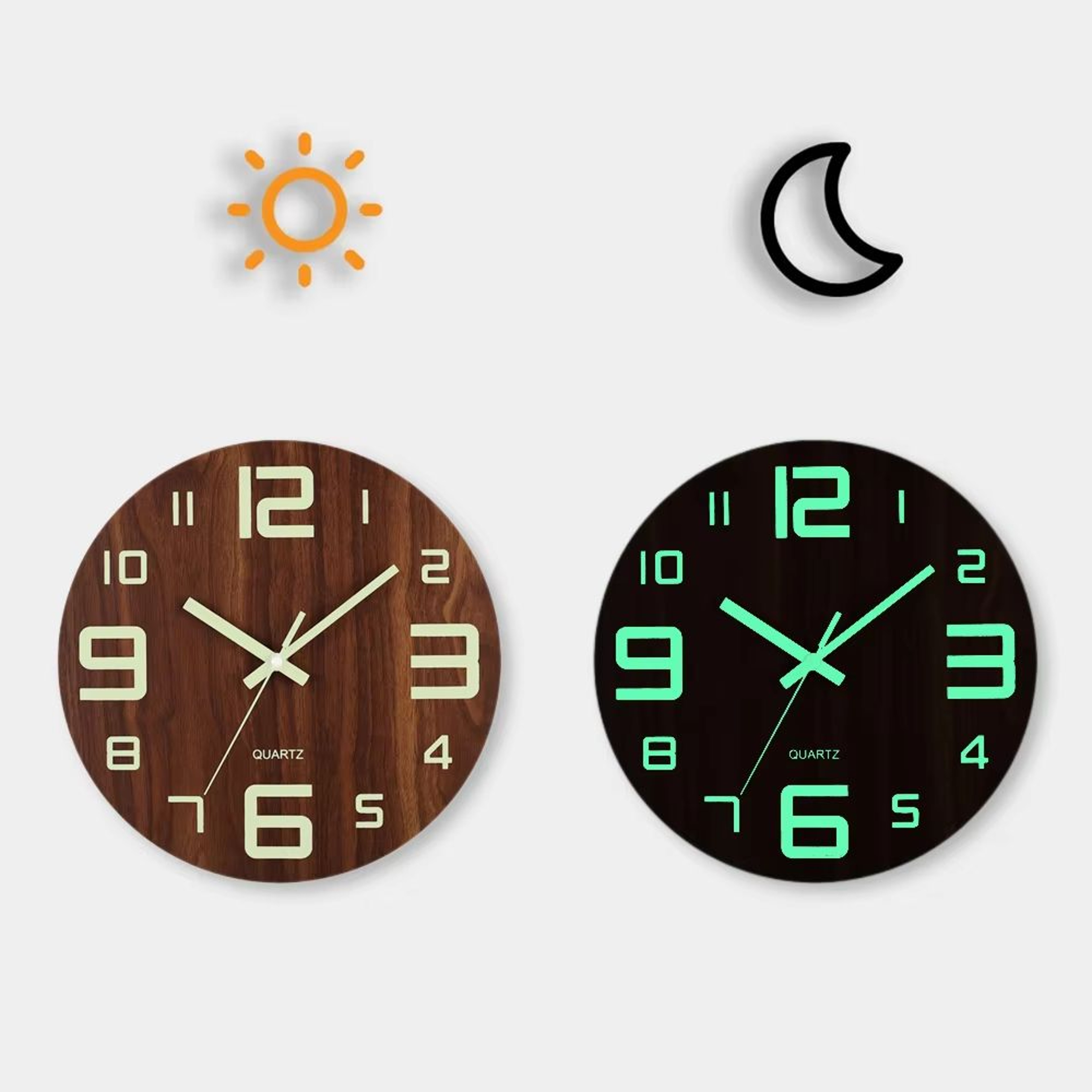 12Inch Luminous Wooden Wall Clock Silent Nordic Night Light Decor 7