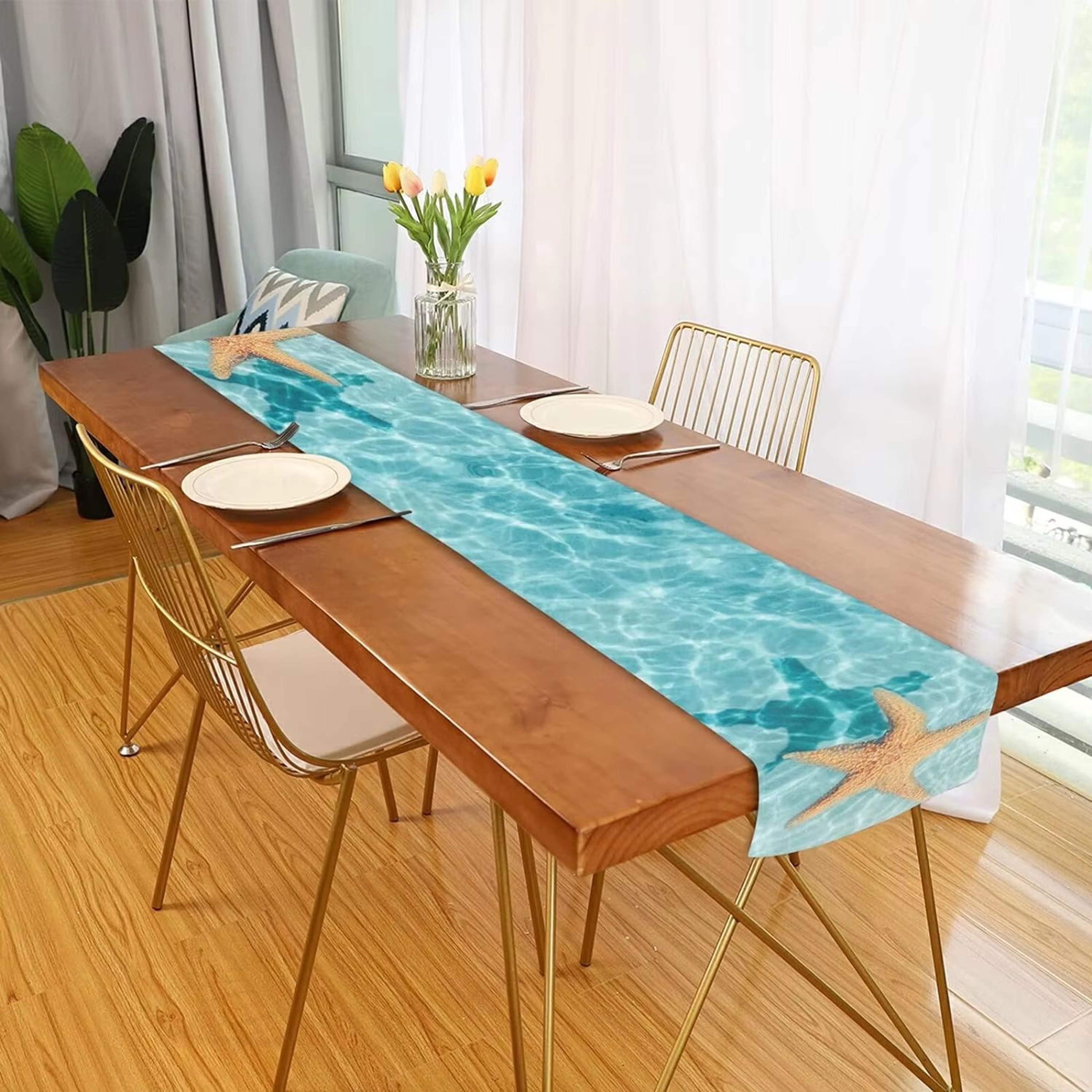 Watercolor Starfish Ocean Table Runner Linen Coastal Dining Decor 3